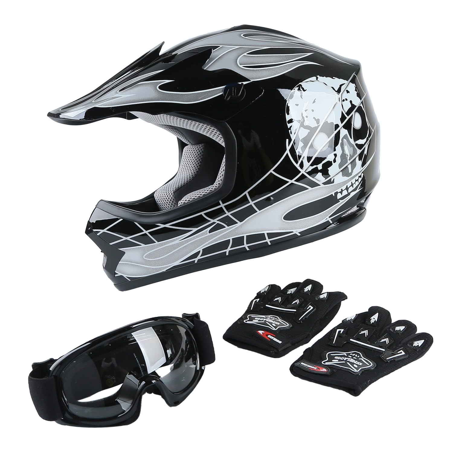 Tct-Motorparts Dot Youth Kids Motocross Atv Helmets Offroad Street Dirt Bike Go-Kart Bmx Mx Full Face Helmet Black Skull Large S