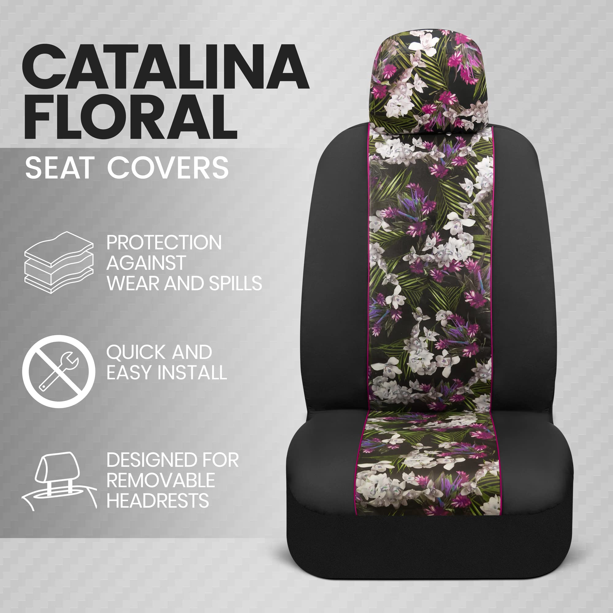 Bdk Pink Flower Faux Leather Car Seat Covers For Front Seats, 2 Pack - Floral Pattern With Matching Headrest, Easy Installation,