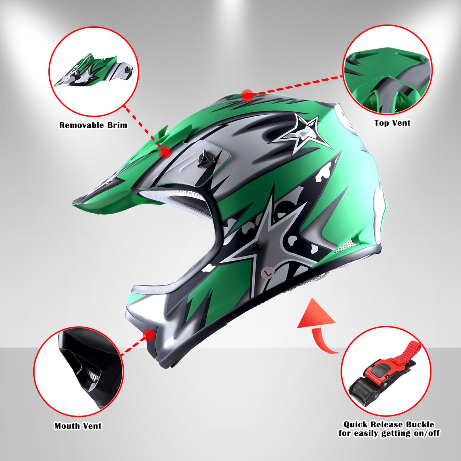 1Storm Youth Motocross Helmet BMX MX ATV Dirt Bike Helmet Matt Star Green + Goggles + MG Youth Green Glove Bundle