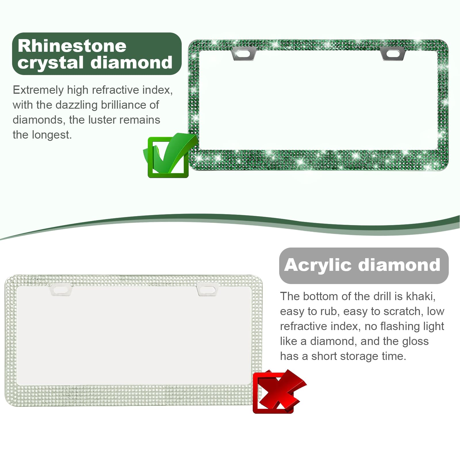 Quanqiufei 2 Pack Bling License Plate Frames For Women, Sparkly Rhinestone Diamond Car Accessories With Glitter Crystal Caps (Da