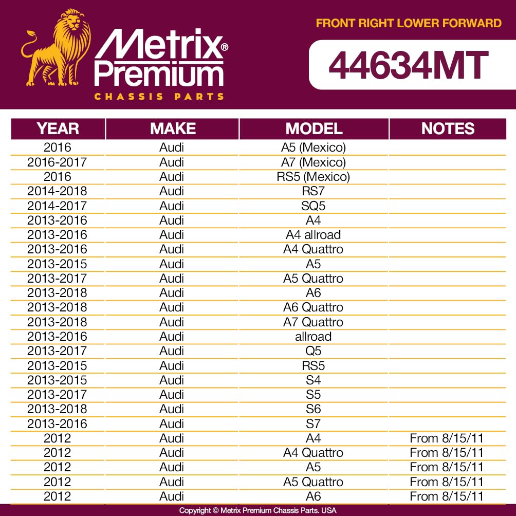 Metrix Premium Chassis Parts - Front Right Lower Forward Control Arm Fits 16 Audi A5 Mexico, 16-17 A7 Mexico, 14-18 Rs7, 14-17 S