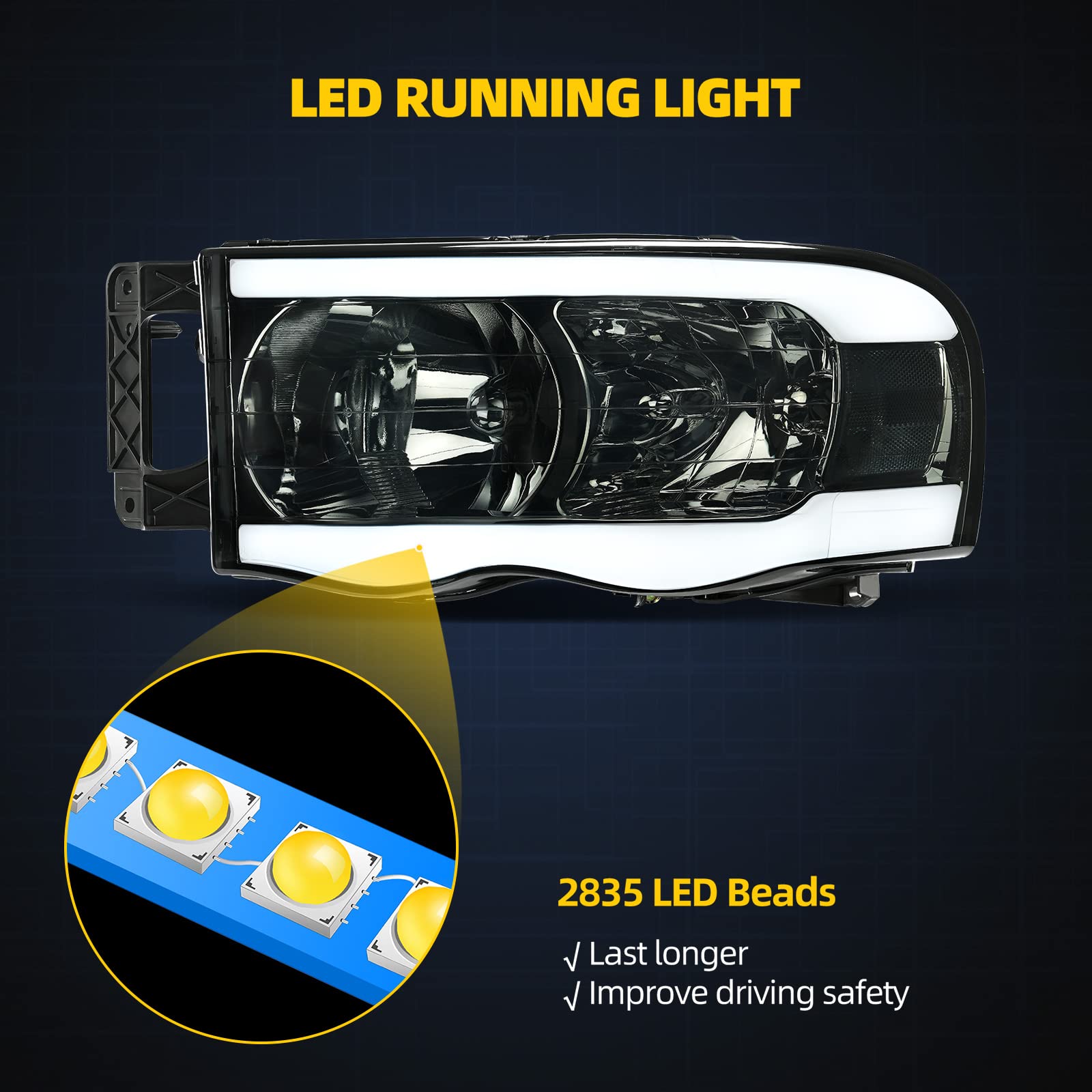 Dwvo Led Tube Headlights Assembly Compatible With 2002 2003 2004 2005 Dodge Ram 1500/2003 2004 2005 Dodge Ram 2500 3500 Drl Head