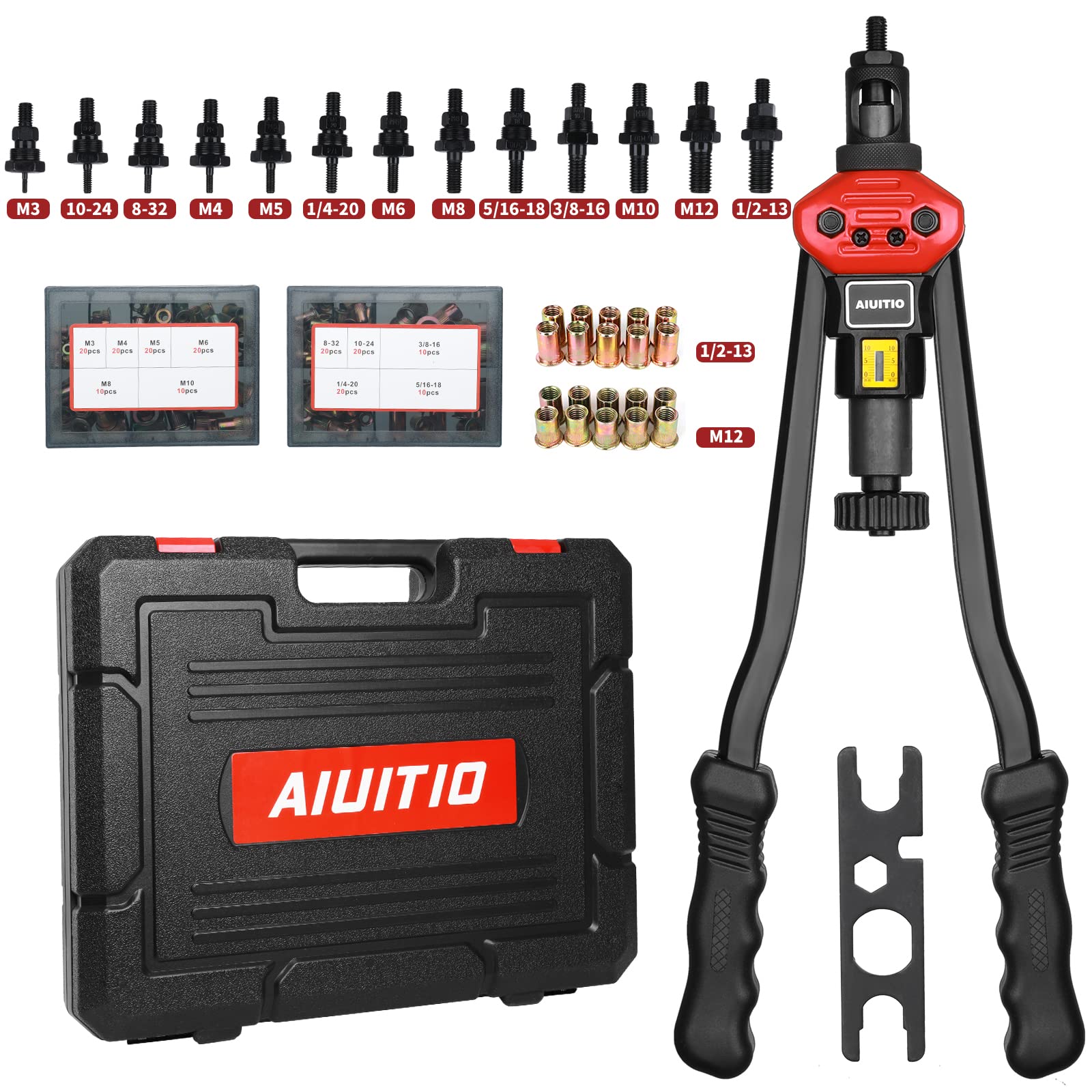 Aiuitio 16 Rivet Nut Tool, Rivnut Tool Kit With 13 Metric And Sae Mandrels, Nutsert Rivet Tool Set With 200Pcs Rivnuts, Threaded Insert Hand Riveter With Rugged Carrying Case