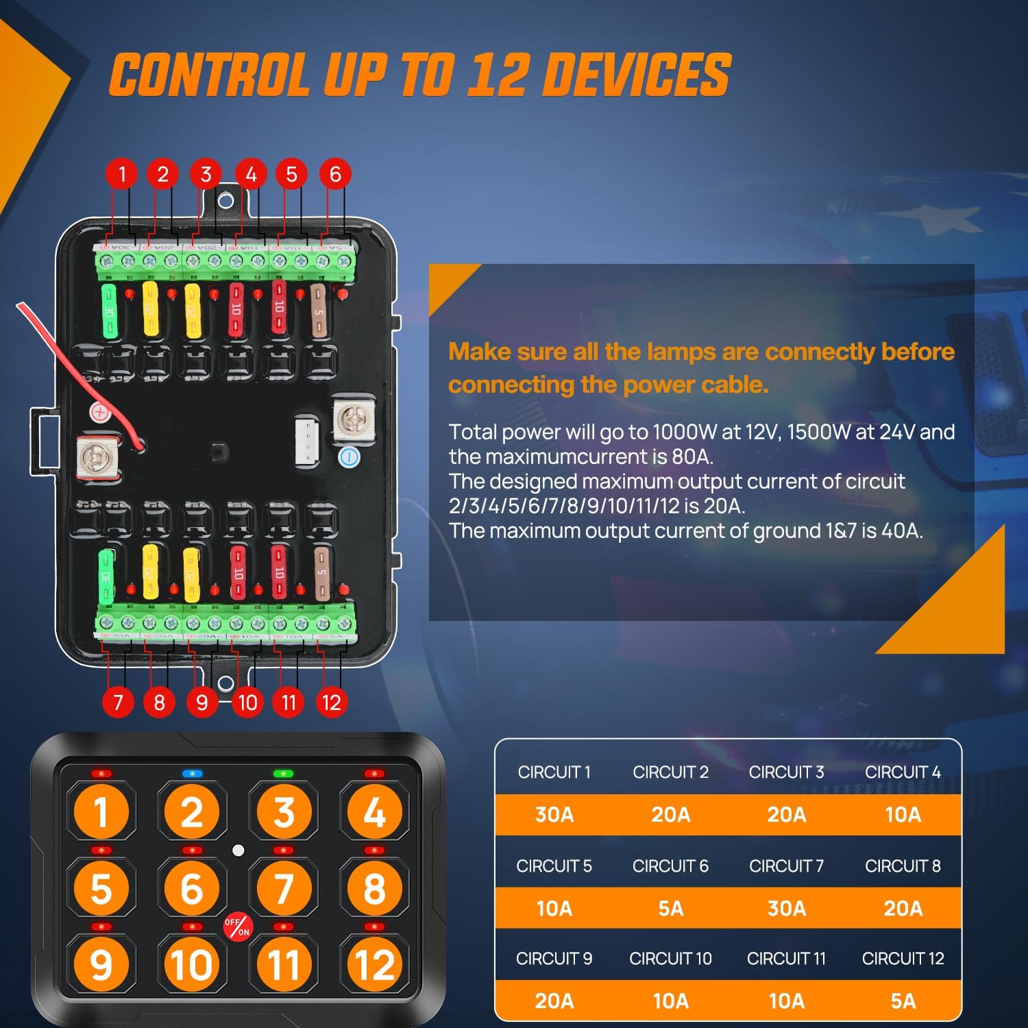 Nilight 12 Gang Switch Panel 12V 24V Universal Circuit Control Relay System with RGB Backlight APP Fuse Wiring Harness Automatic