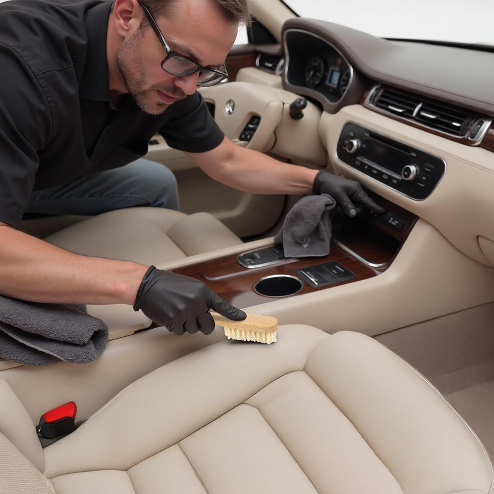 Takavu Leather & Upholstery Cleaning Brush Set, Pure White Boar Hair Bristle, To Clean Car Seats, Leather Sofas, For Alcantara,