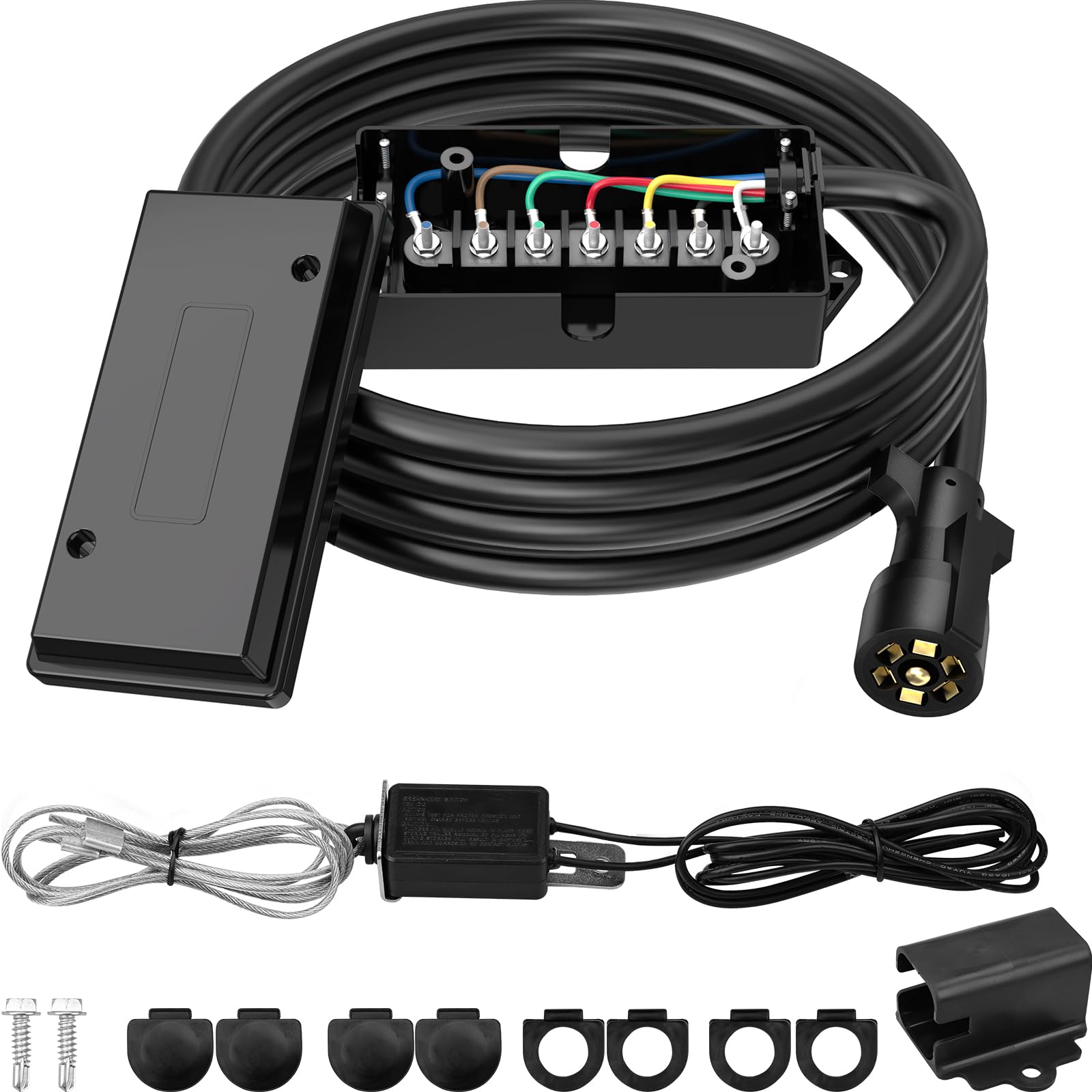 RVGUARD 7 Way 16 Foot Trailer Cord with 7 Gang Junction Box Kit, Include 12V Breakaway Switch and Plug Holder, Trailer Connector
