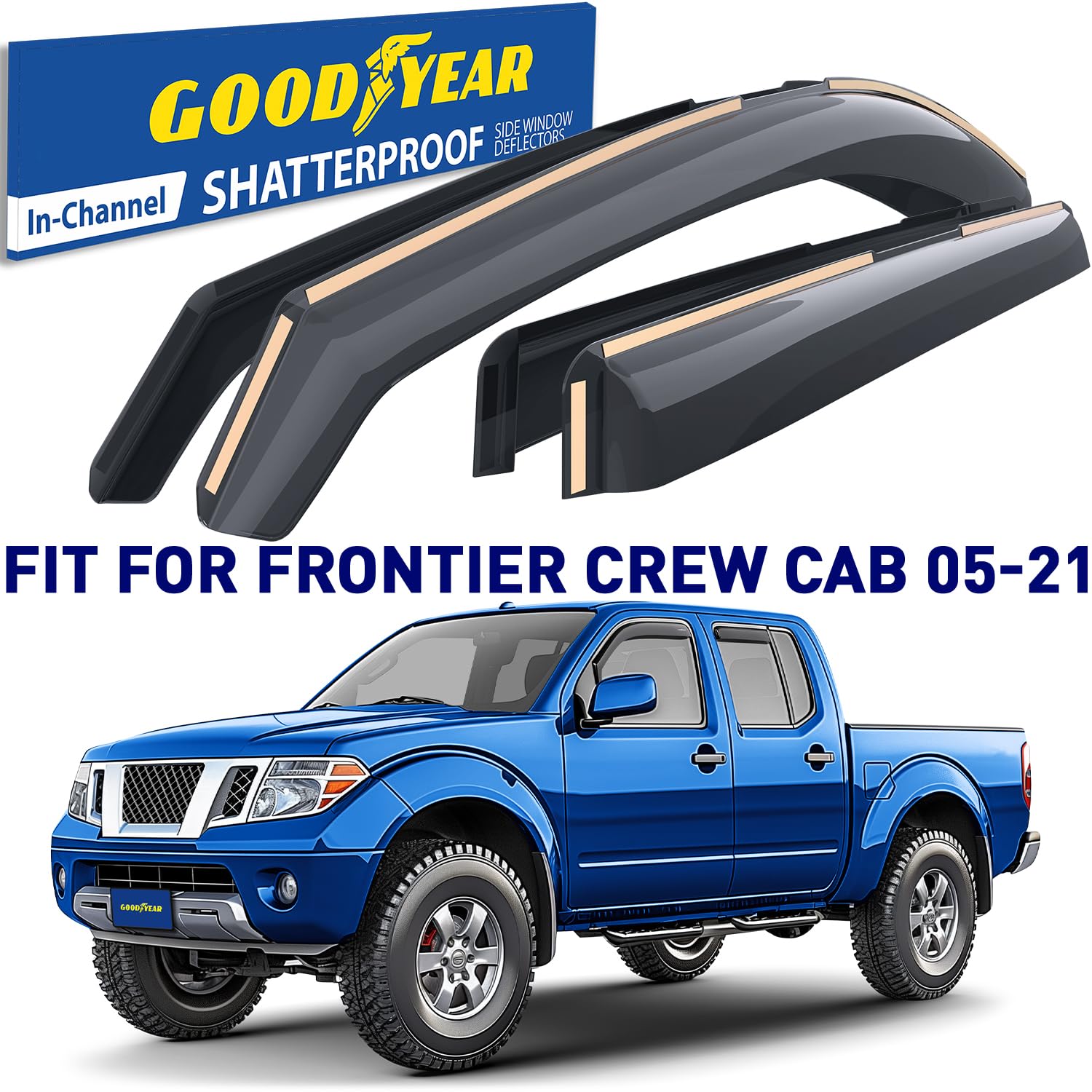 Goodyear Shatterproof In-Channel Window Deflectors For Trucks Nissan Frontier 2005-2021 Crew Cab, Rain Guards, Window Visors For