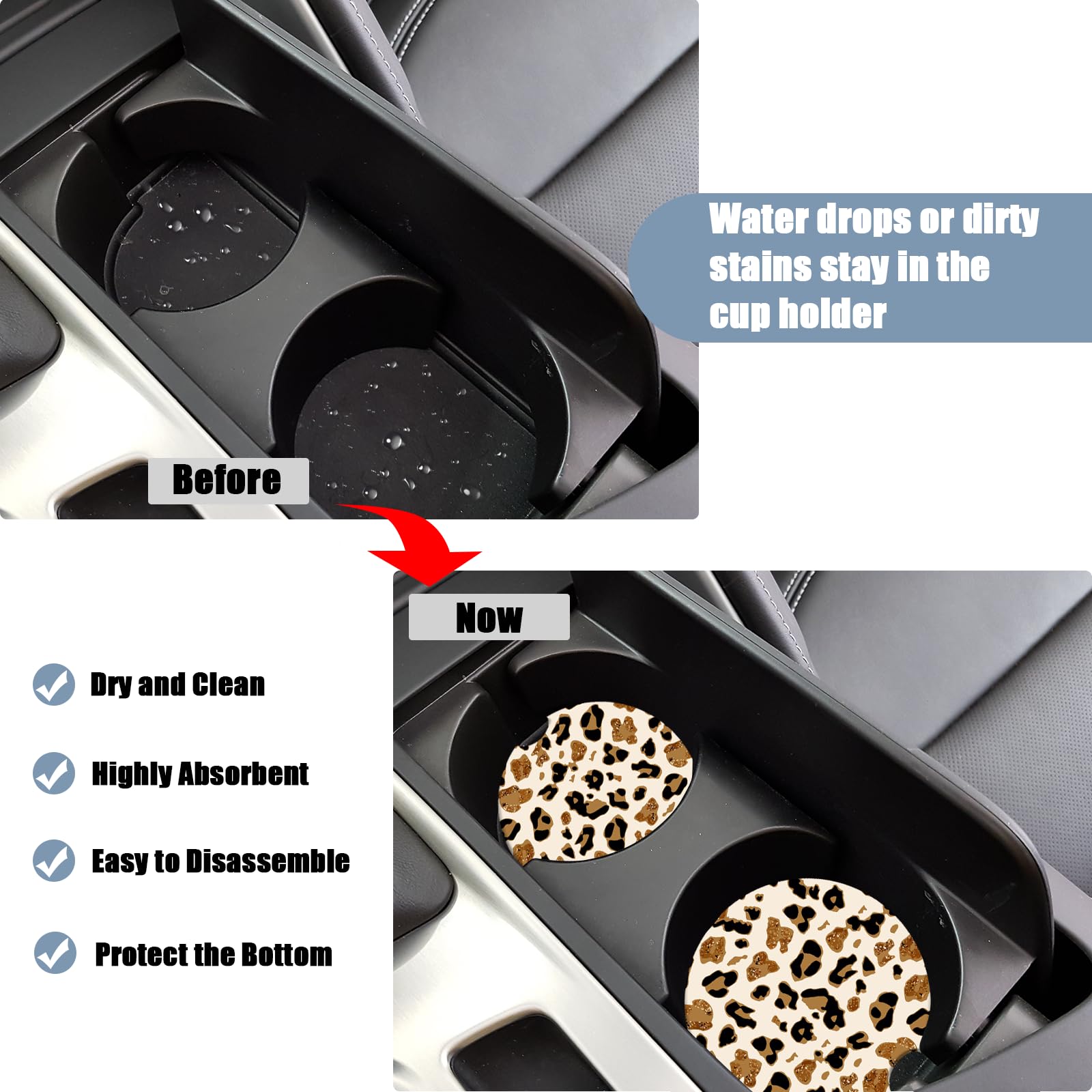 Car Cup Holder Coaster - Leopard Print Absorbent Ceramic Coaster, Car Coasters for Cup Holders, Auto Accessories for Women & Men