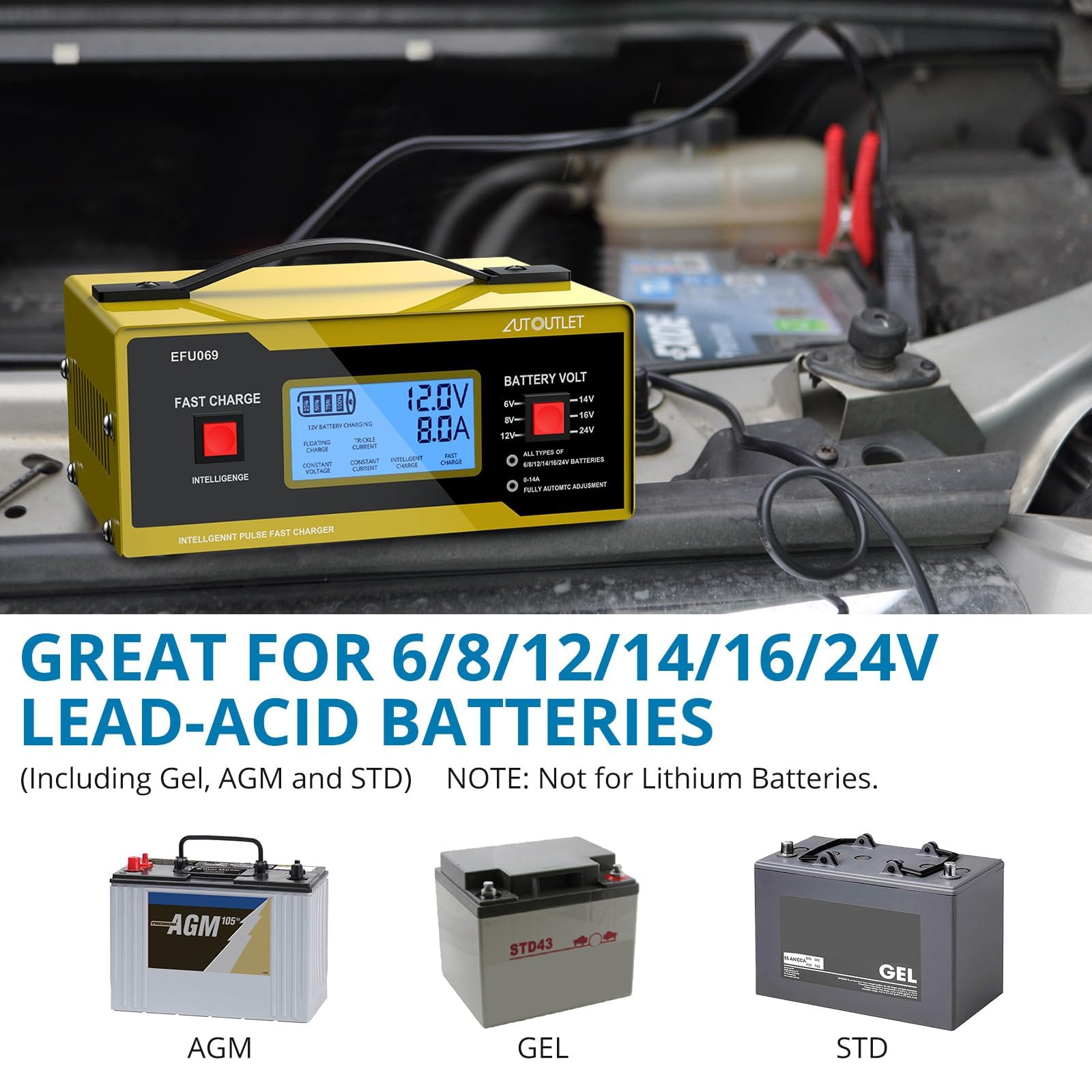 AUTOUTLET 0-10A Smart Car Battery Charger & Trickle Maintainer, Fully Automatic, 6/8/12/14/24V, Yellow, 23.5*14
