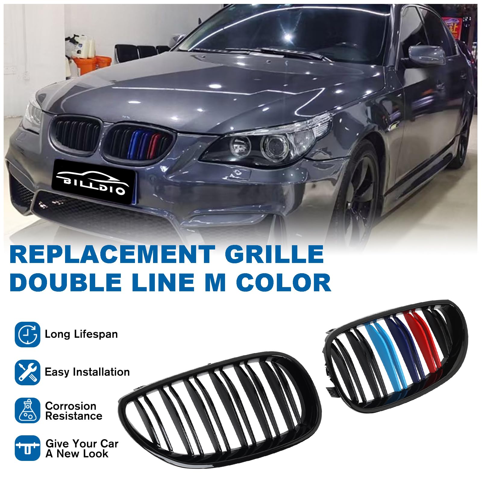 BILLDIO E60 Front Kidney Grille - Double Slats, Plastic, Compatible with 2003-2009 BMW 5 Series 520i-550i, M Color