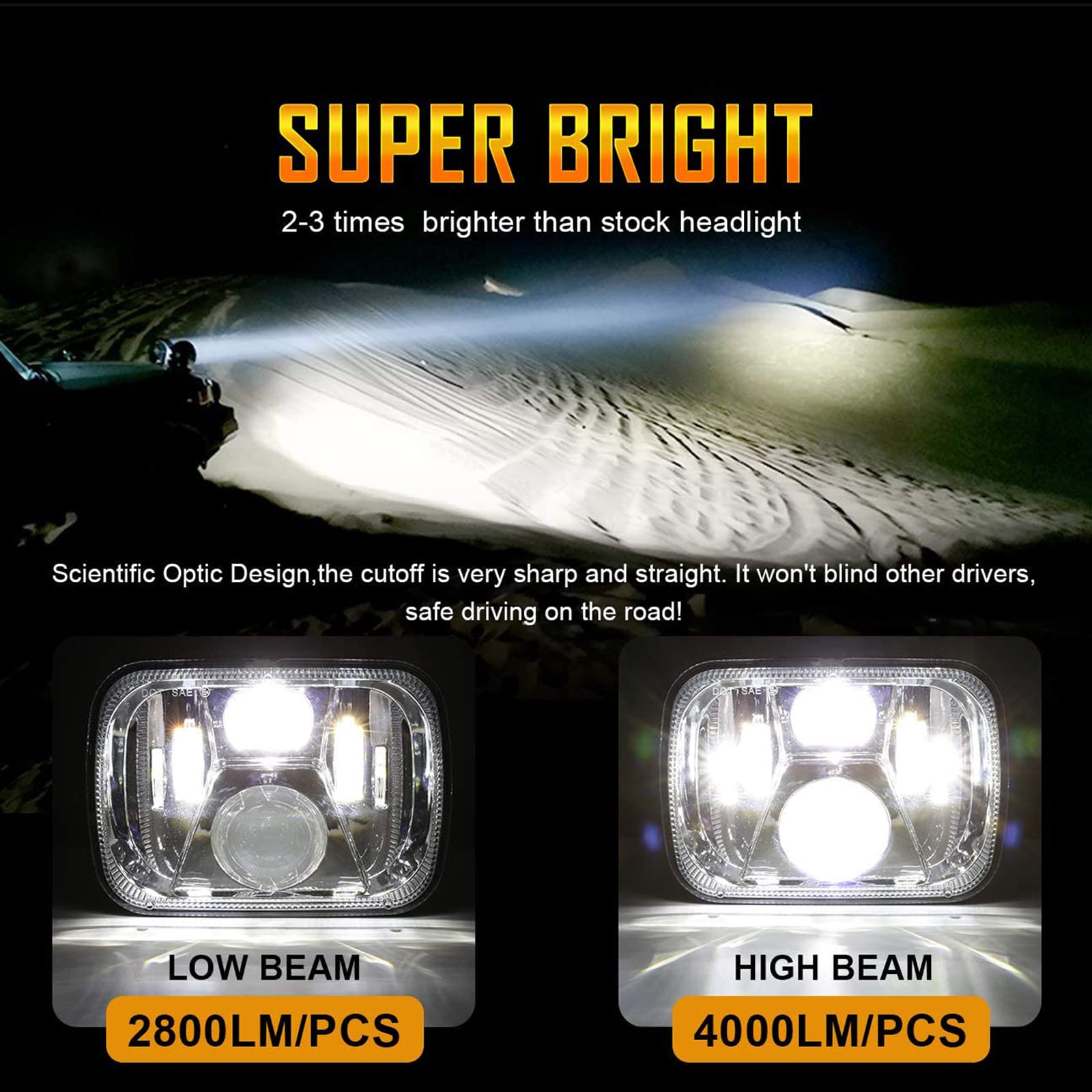 Auxbeam 5X7 Led Headlights, 110W 7X6 Led Headlight With High Low Beam, Dot Approved Sealed Beam Rectangular H6054 Headlamp For J