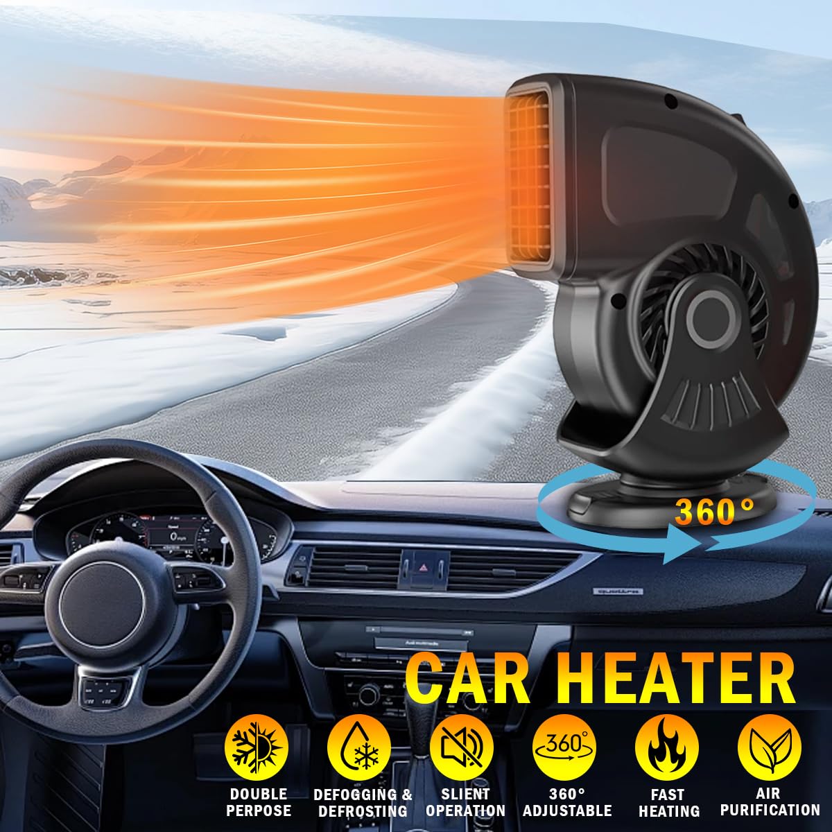 Wheelx Car Heater 12V 150W, Portable Fast Heating & Cooling 2-In-1 Mode Fan, Cigarette Lighter Plug, 360  Rotatable, Windscreen