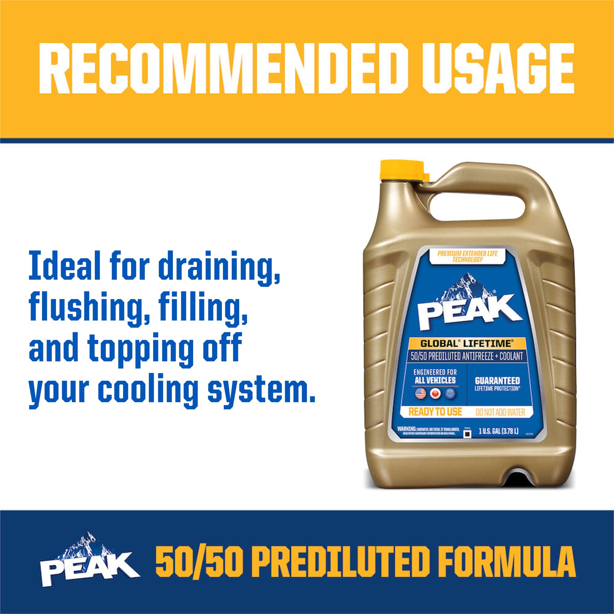 Peak Global Lifetime 50/50 Prediluted Antifreeze And Coolant For All Vehicles, 1 Gal.