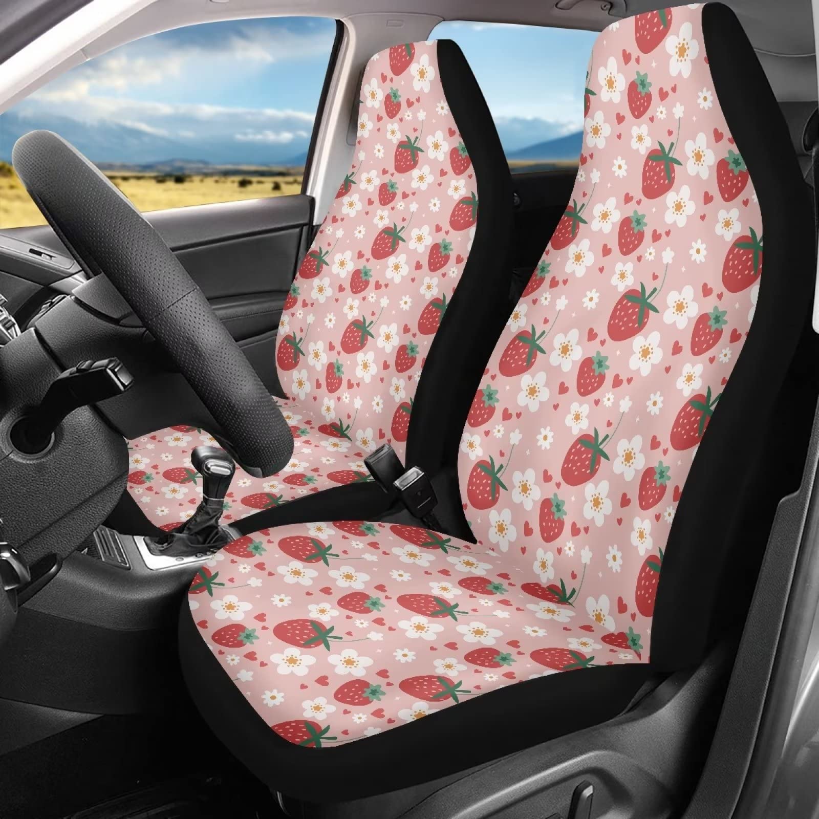 Fuibeng 2 Pcs Strawberry Car Seat Covers Set Pink Heart Daisy Strawberry Auto Front Seat Cushion Breathable Vehicle Bucket Seat