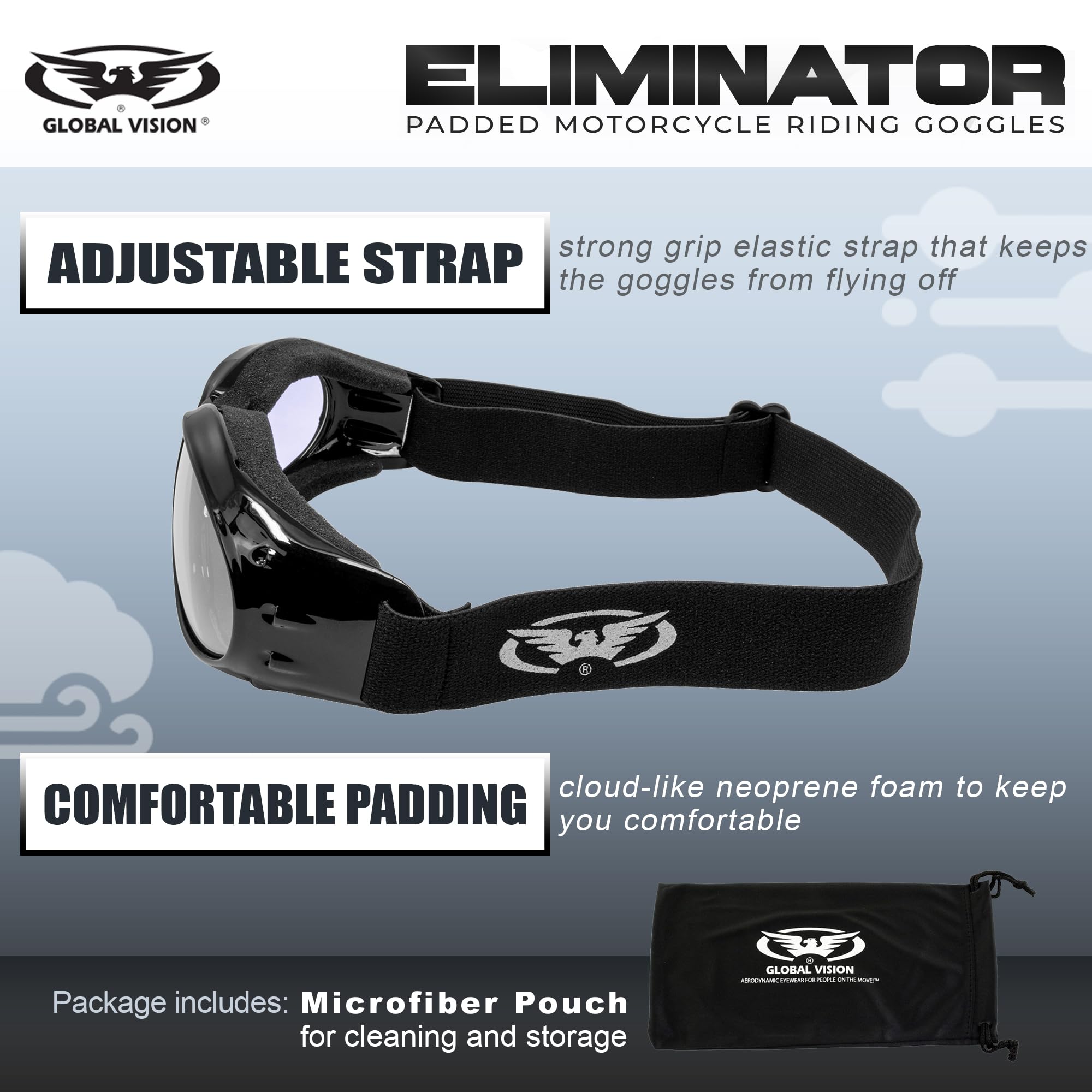 Global Vision Eliminator Dirt Bike Padded Motorcycle Riding Goggles for Men and Women (Black Frame/Smoke Lens) (Clear)