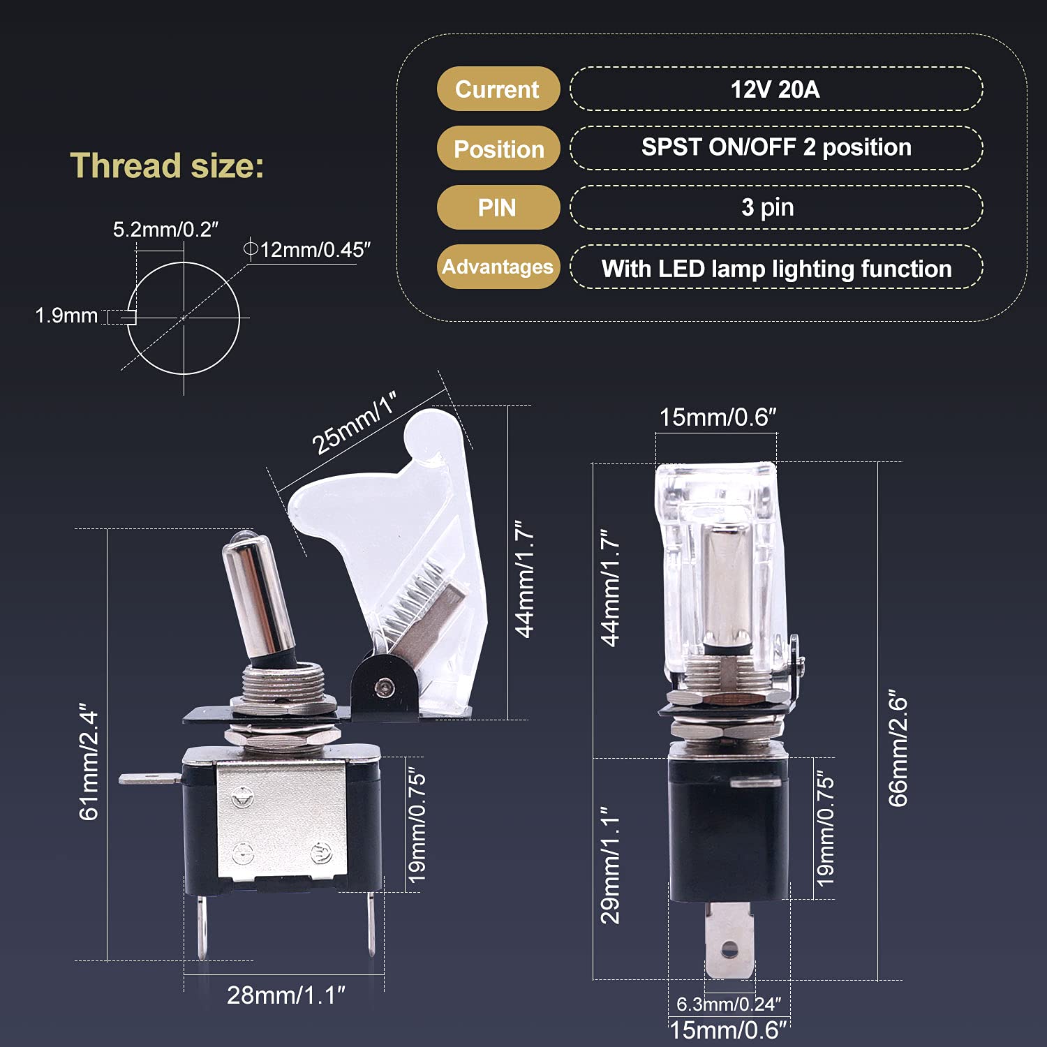 Twidec/3Pcs Rocker Lighted Toggle Switch 12V 20A Heavy Duty Racing Car Automotive Auto Spst On/Off Toggle Switch White Led Illuminated 3Pin With White Waterproof Safety Cover Asw-07Dwwmz