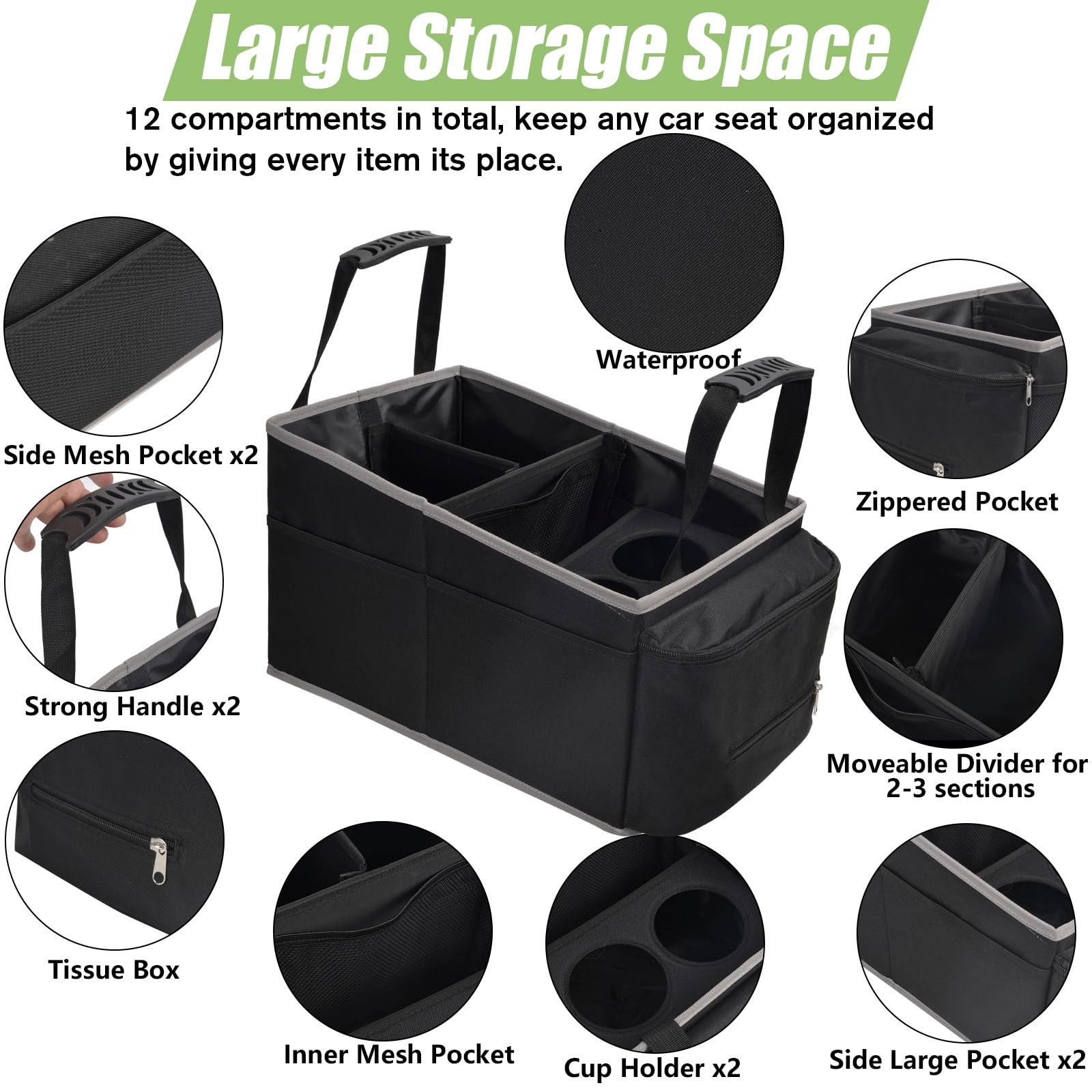 Car Seat Organizer and Storage - Backseat Car Caddy with 12 Storages Compartments & 2 Cup Holders & Tissue Box, Car Storage, Car