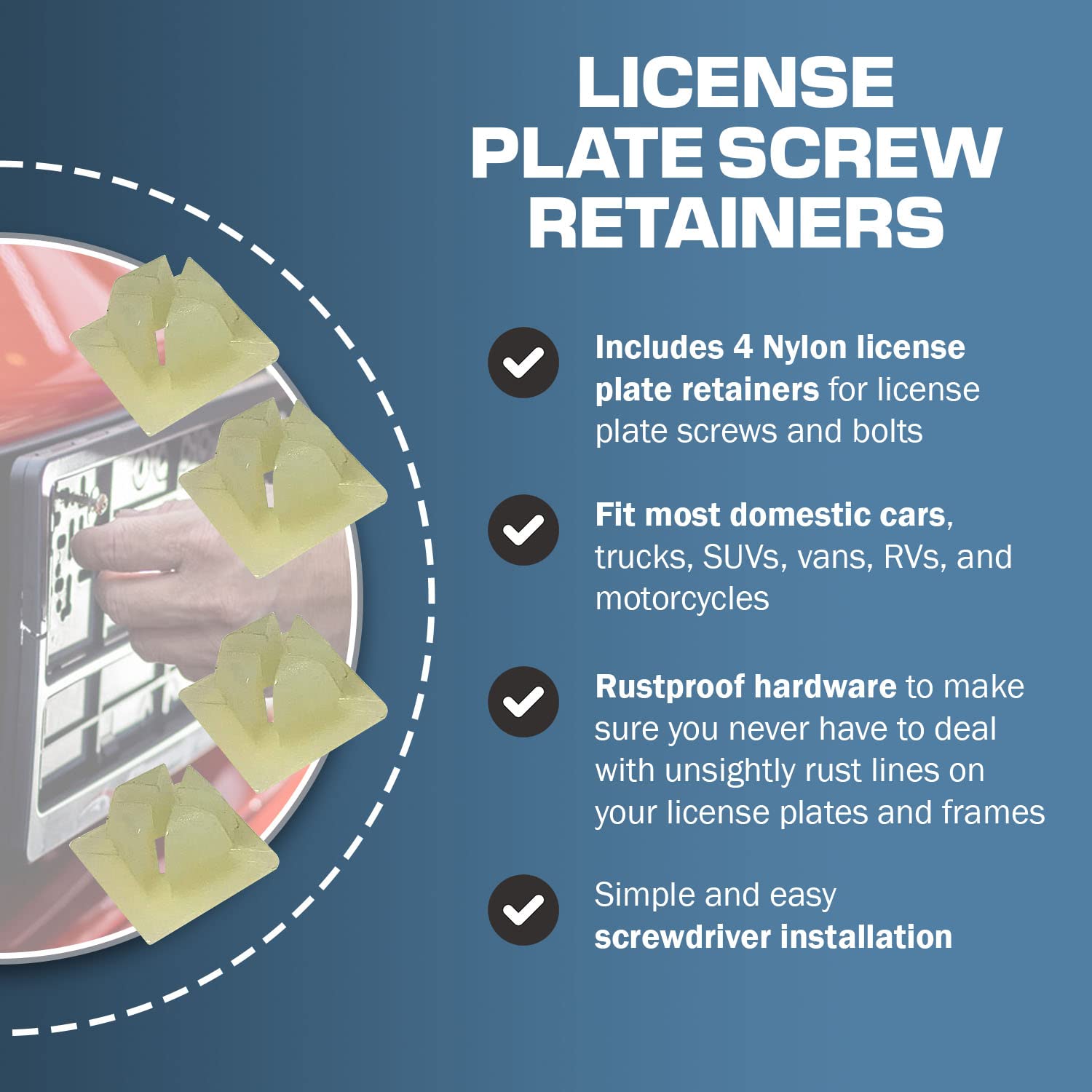 License Plate Screw Inserts - Set Of 4 Nylon Retaining Nuts For License Plate Screws - Front And Back License Plate Nut Bracket