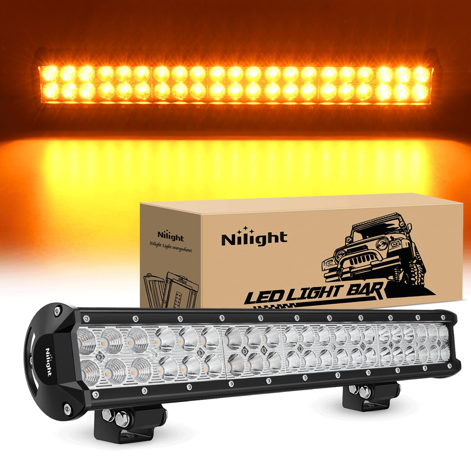 Nilight Led Light Bar 20 Inch 126W Spot Flood Combo Amber Beam Off Road Lamp Fishing Hunting Emergency Deck Work Lighting For Tr