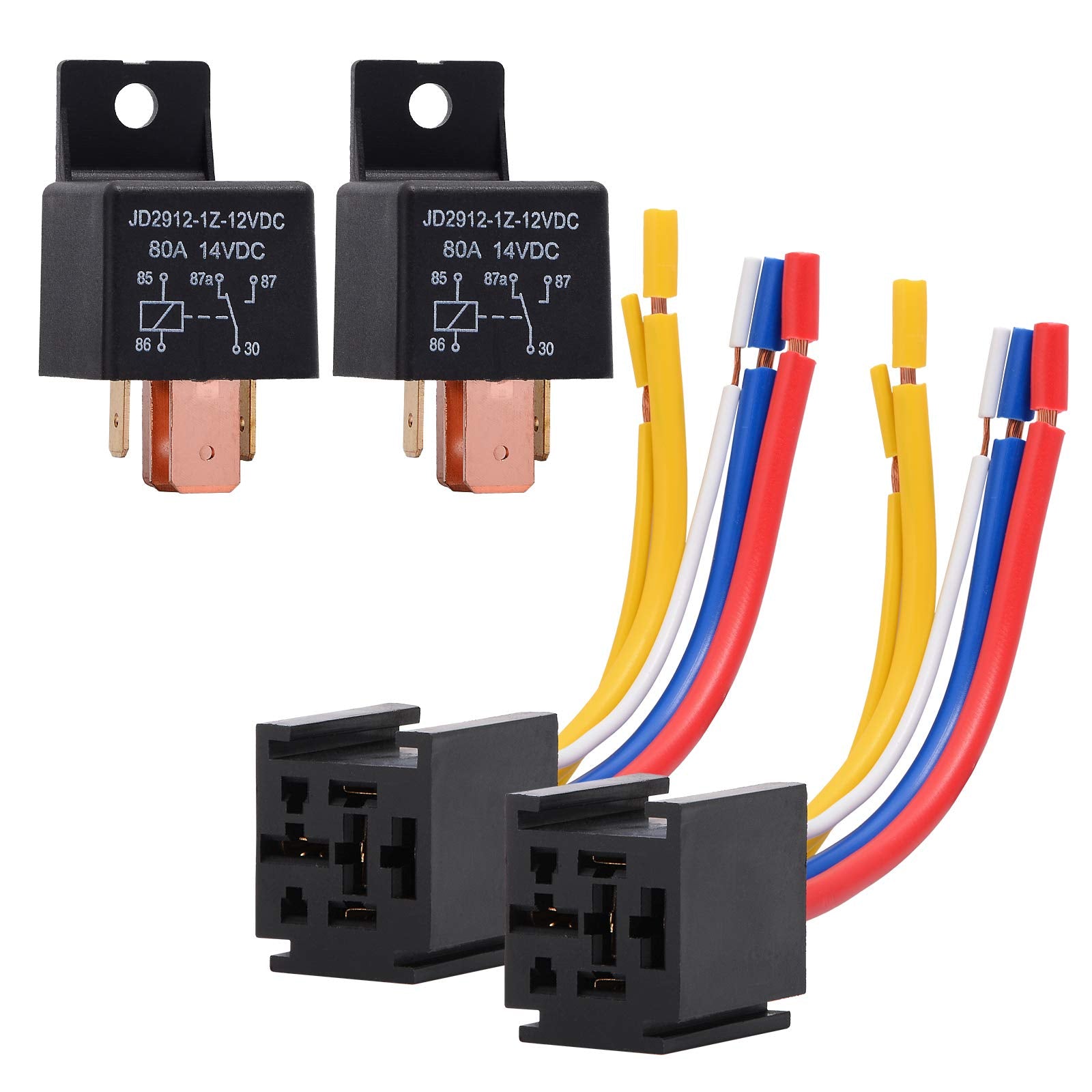 Ehdis 2 Packs Car Relay With Harness Truck Motor Heavy Duty 5-Pin 80A 12V Relay On/Off Normally Open Spdt Relay Socket Plug 5 Wire Automotive Relay Jd2912-1Z-12Vdc 80A 14Vdc