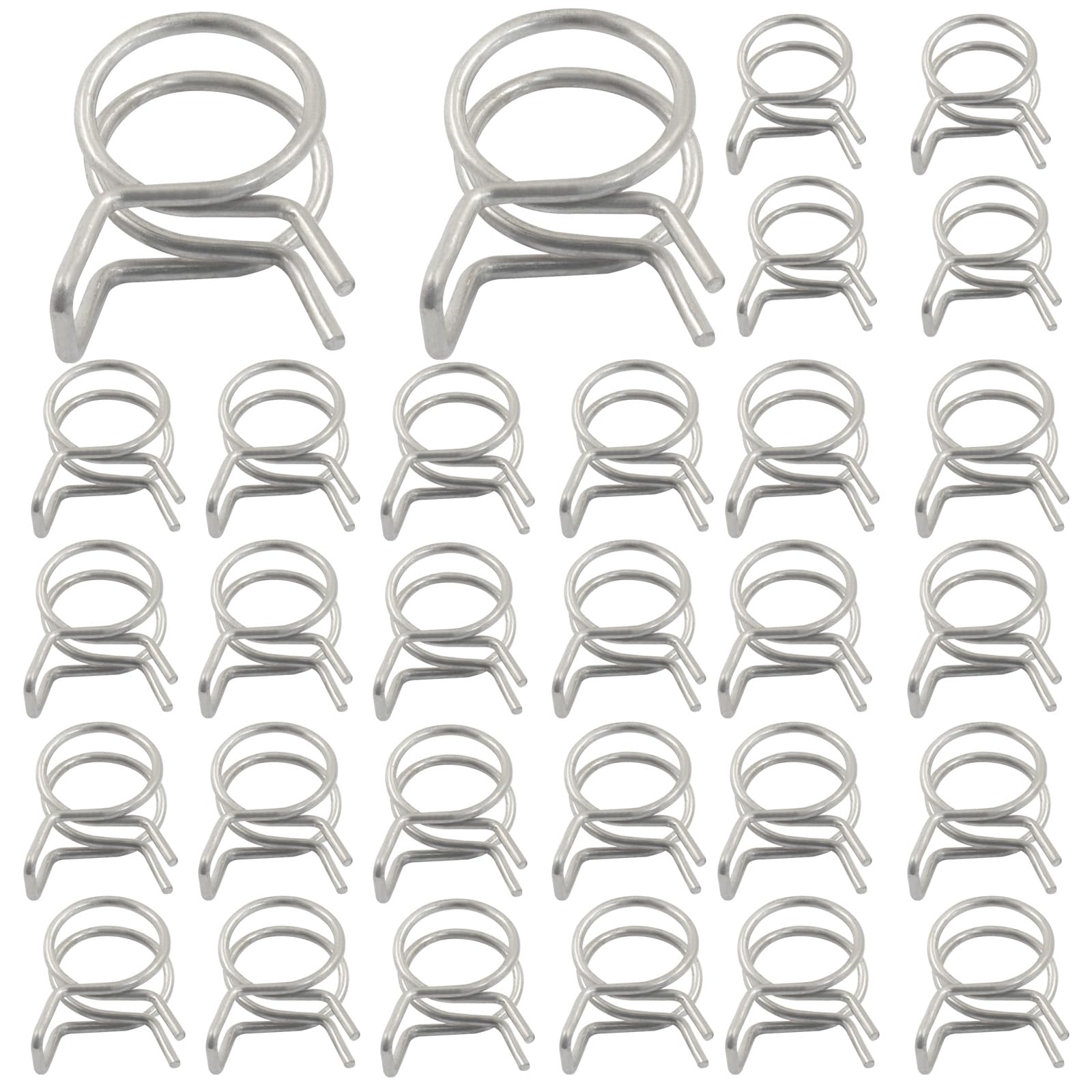 BokWin 30 Pack 11mm Inner Dia Double Wire Spring Hose Clamp, Adjustable Spring Clips, Stainless Steel for Hose, Fuel Line, Water