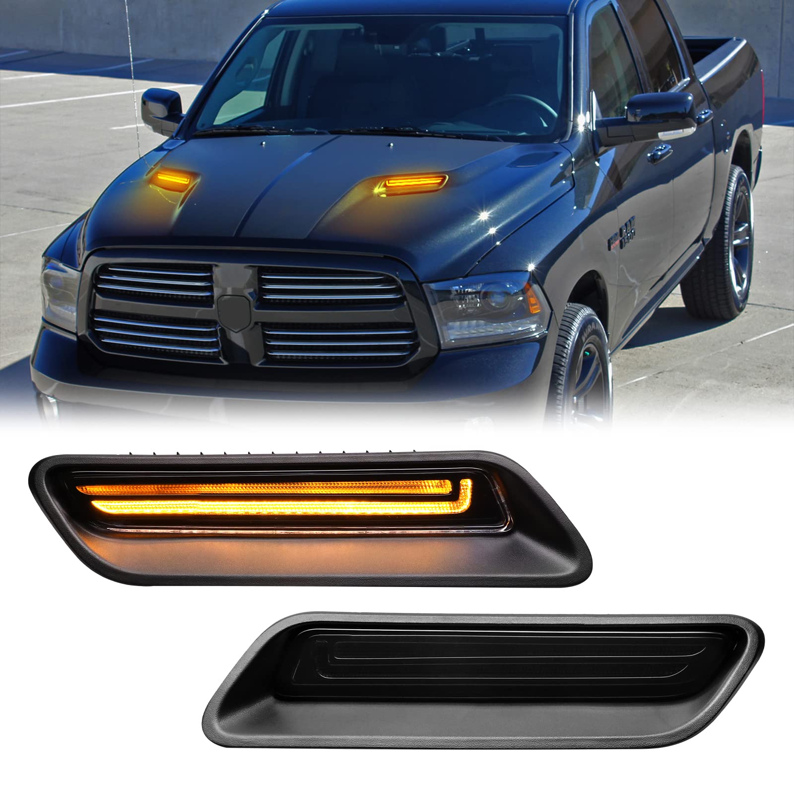 R&F Auto Smoked Sequential LED Hood Vent Lights Compatible with Ram 1500 (2010-2018) / Ram 1500 Classic (2019-2022) Hood Scoop L