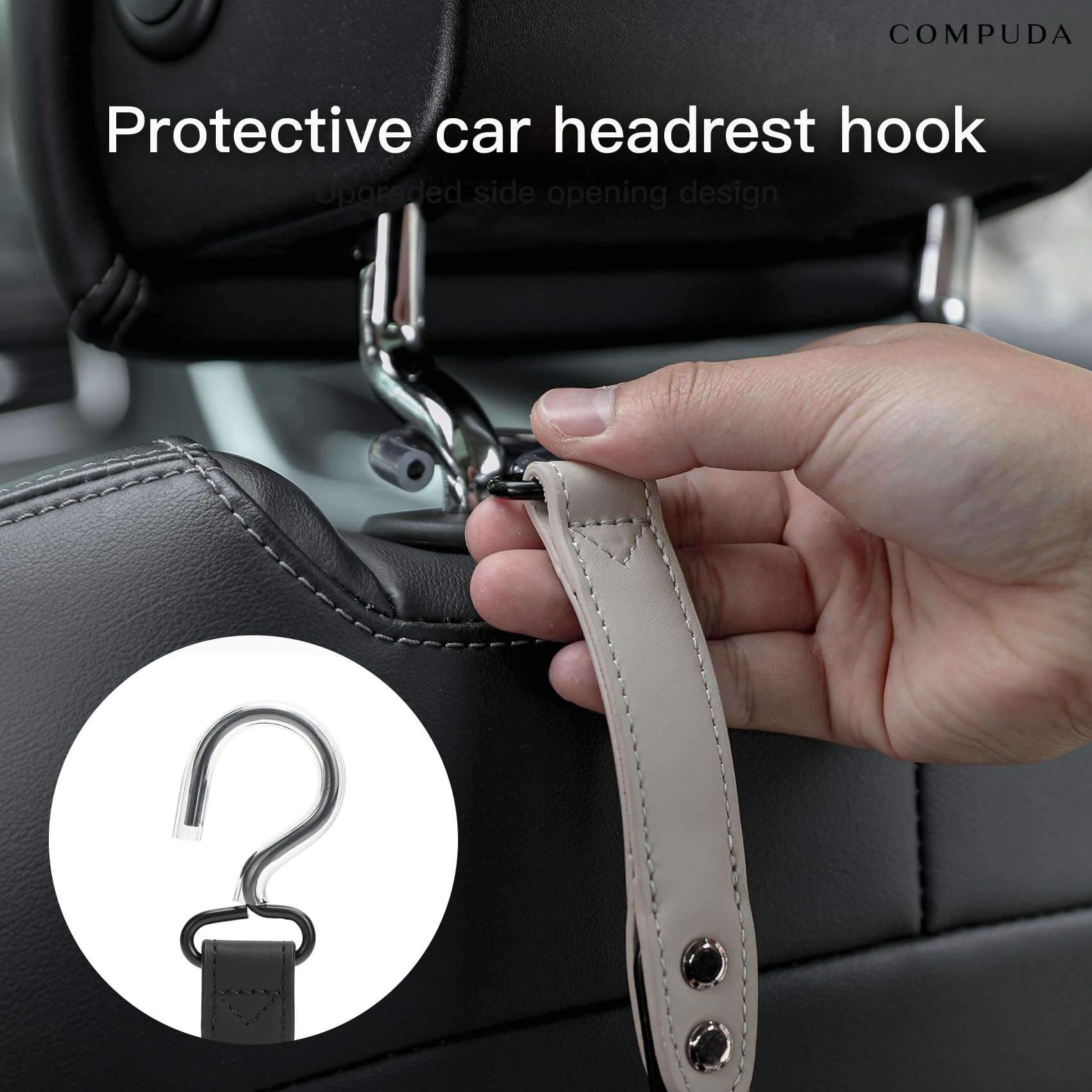 Compuda Car Headrest Hook 2 Pack Car Hook Holder Leather Headrest Hooks For Purses And Bags,Sus304 Car Hook (Grey)