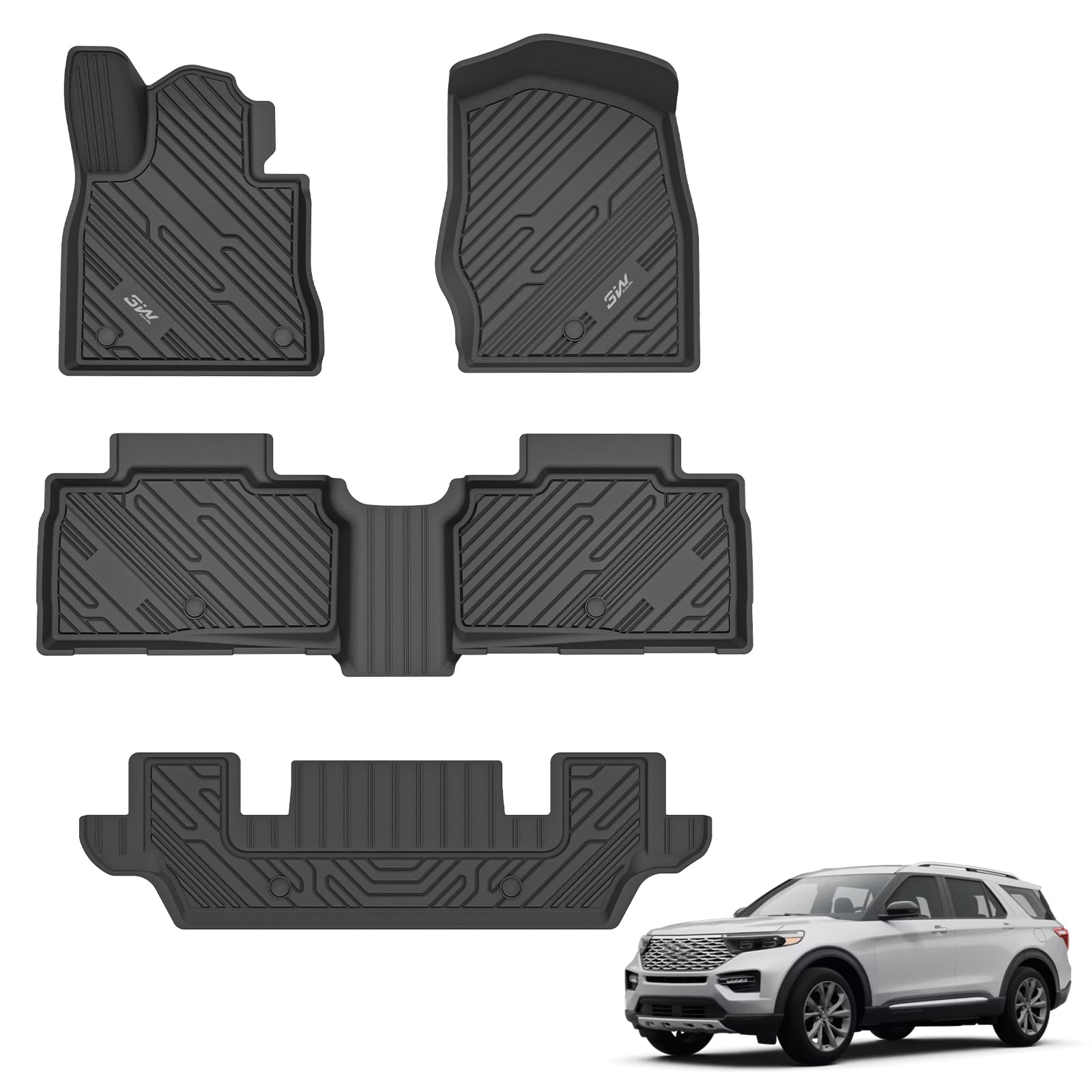 3W Ford Explorer Floor Mats - All Weather Tpe Liners, Custom Fit For 6 Passenger 3-Row Explorer (2020-2025) & Hybrid