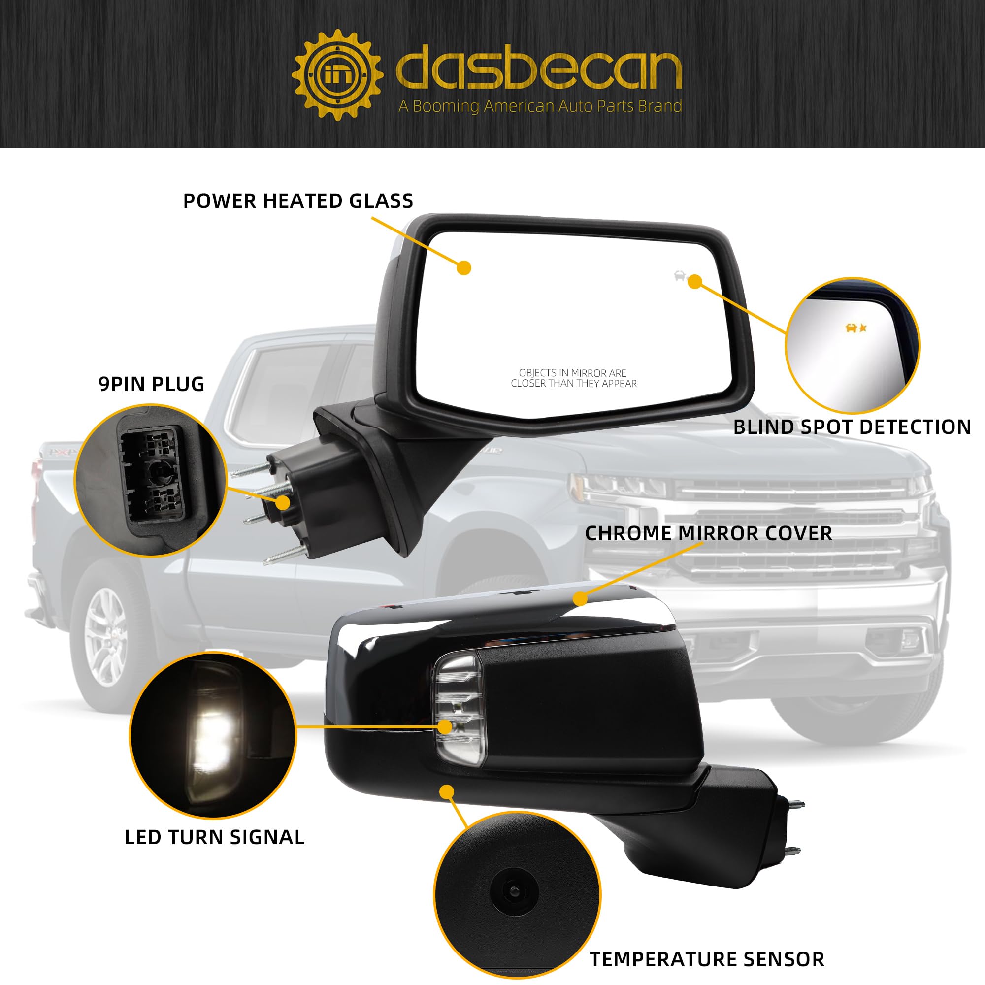 Dasbecan Right Passenger Side Mirror Compatible with 2019-2024 Chevy Silverado 1500 With Power Glass/Temp Sensor/LED Turn Signal