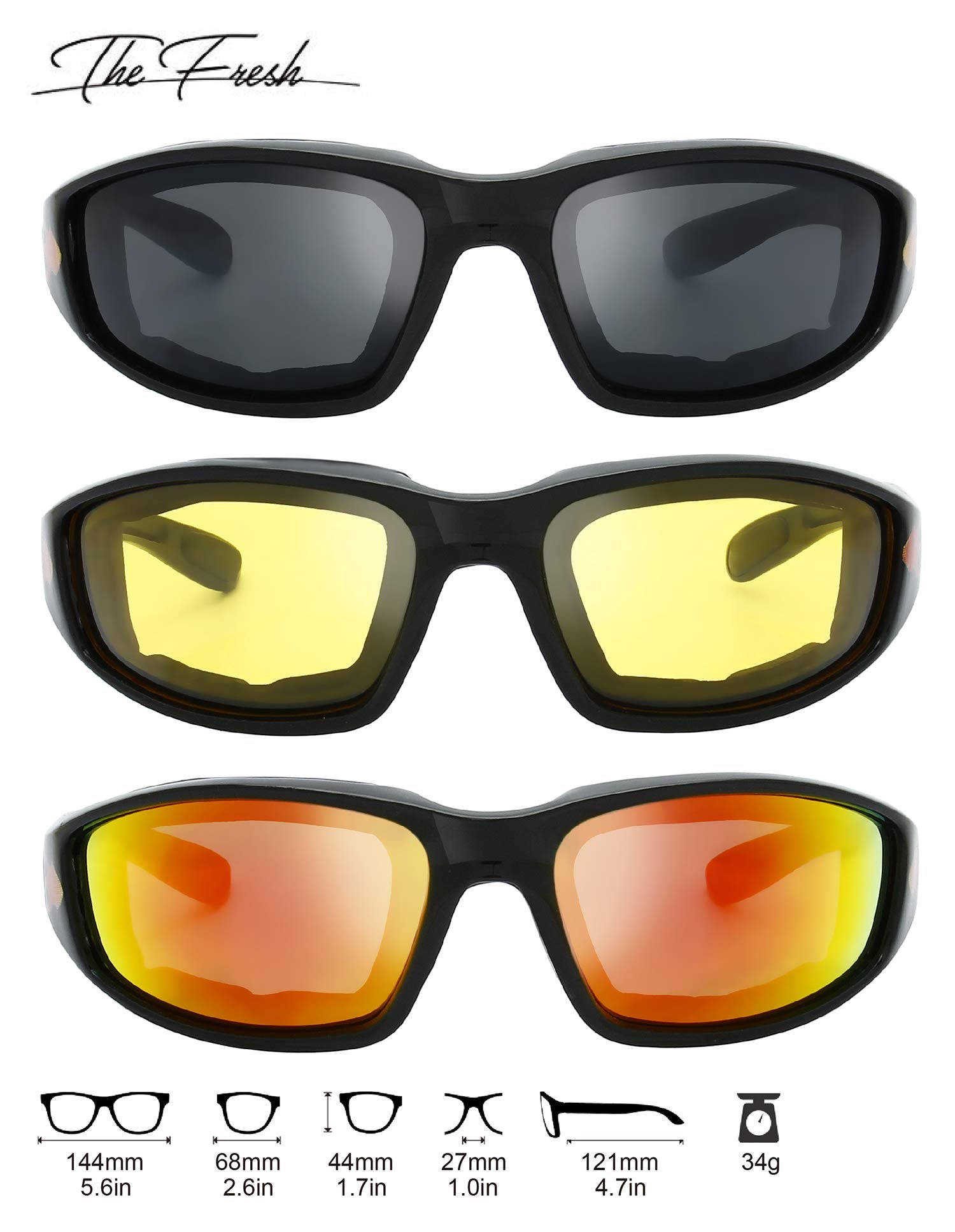 The Fresh Motorcycle Riding Glasses Padded Frame Lens Block 100% Uvb For Outdoor Activity Sport (1409-Shiny Black(Flame Print),