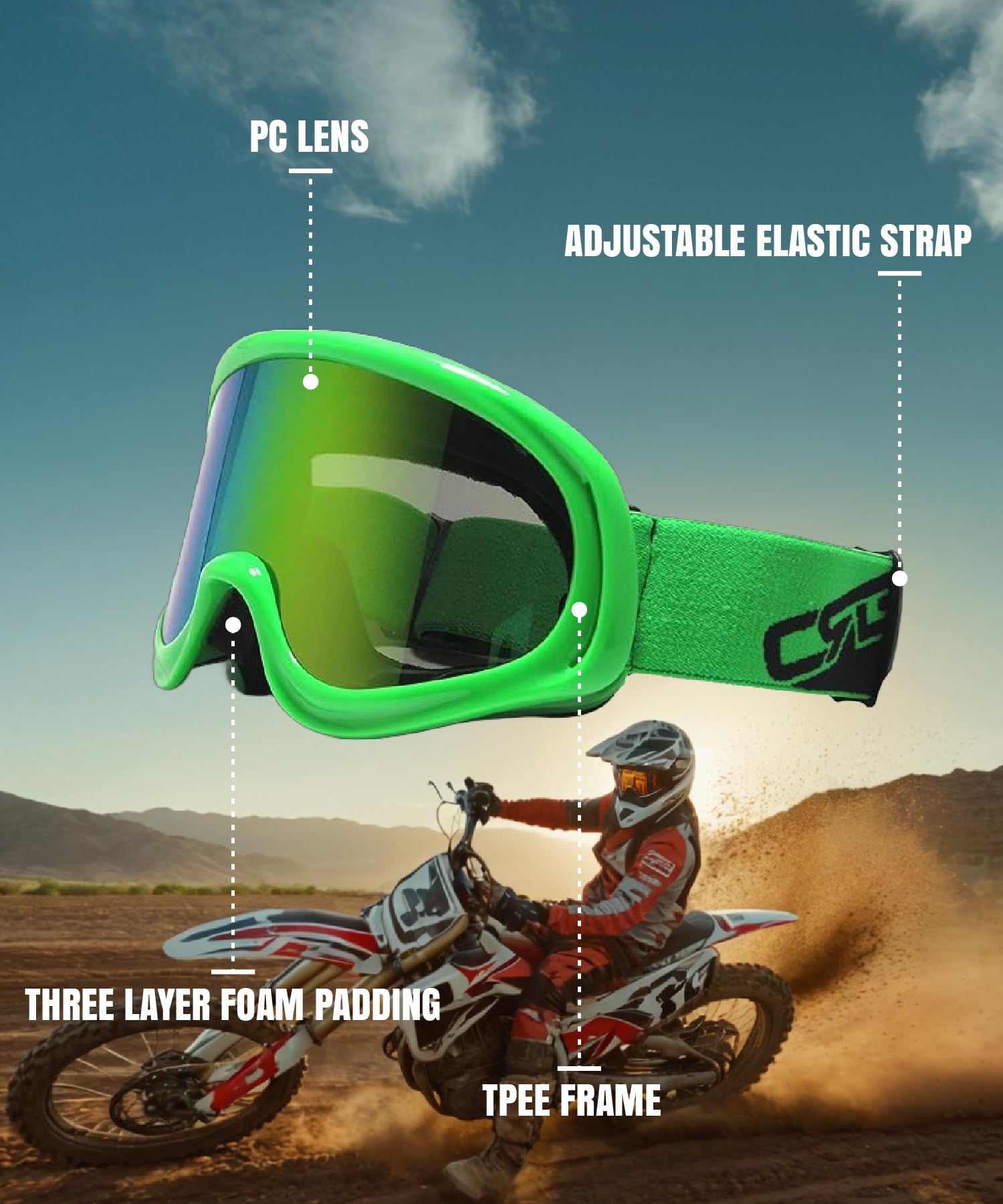 Crg Sports Motorcycle Goggle Atv Dirt Bike Off Road Racing Motocross Goggles For Men, Women, Adults