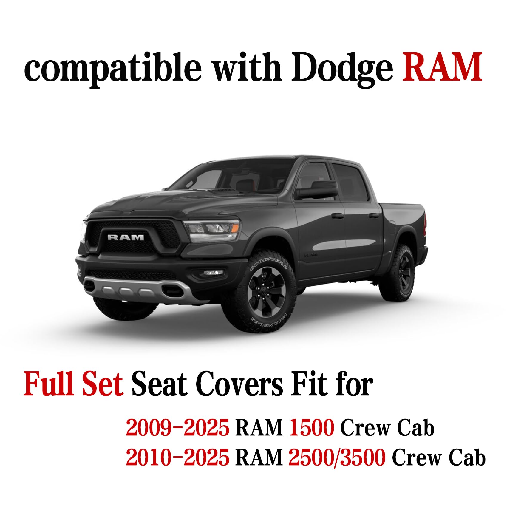 Yiertai For Dodge Ram Seat Covers Fit 2009-2025 1500Hd 2010-2025 2500/3500Hd Crew Double Quad Rebel Cab Laramie Big Long Horn Rebel Tradesman Leather Seat Covers(5 Pcs Full Set/Black-Blue)