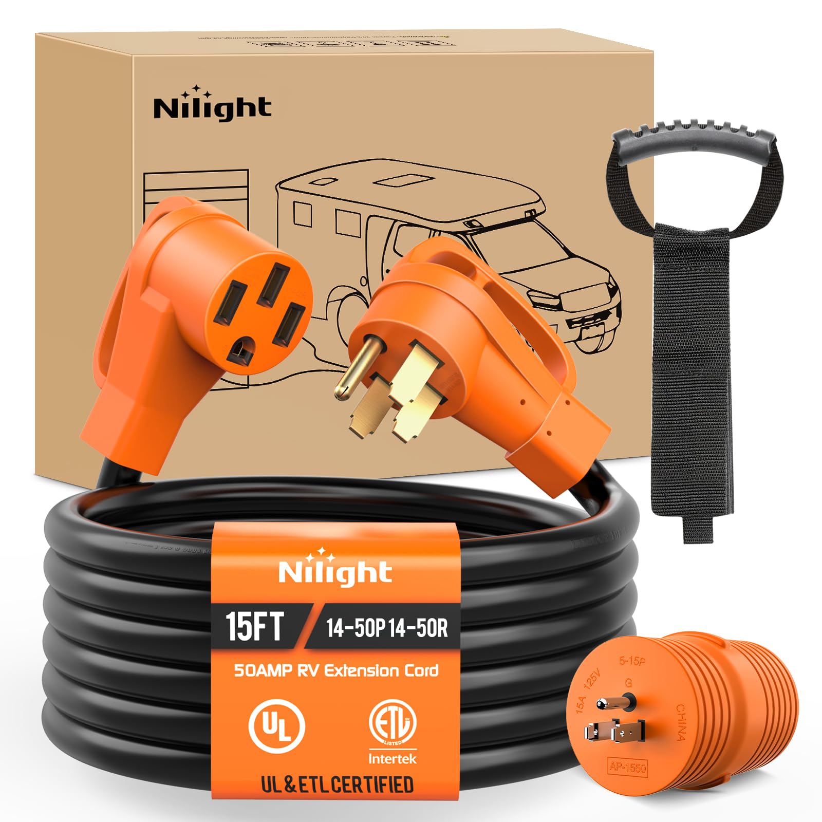 Nilight 15Ft 50 Amp Rv Extension Cord With Adapter 15Amp To 50Amp 250V Heavy Duty 6/3+8/1 Gauge Pure Copper Stw Wire Ul Etl List