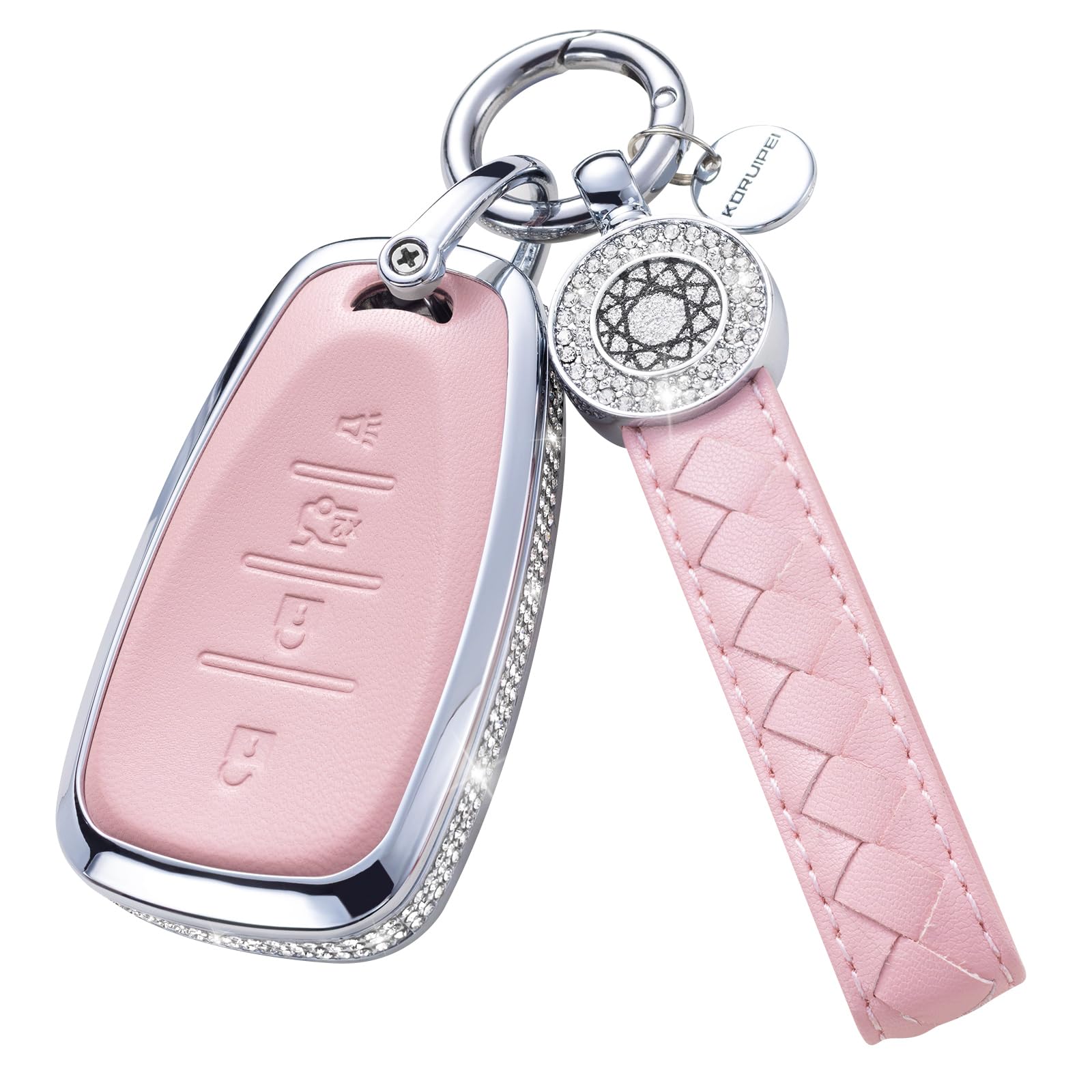 Ruabiban For Chevy Chevrolet Key Fob Cover With Keychain, Pink Leather Key Case Protection Shell Fit For Equinox Malibu Cruze Ca