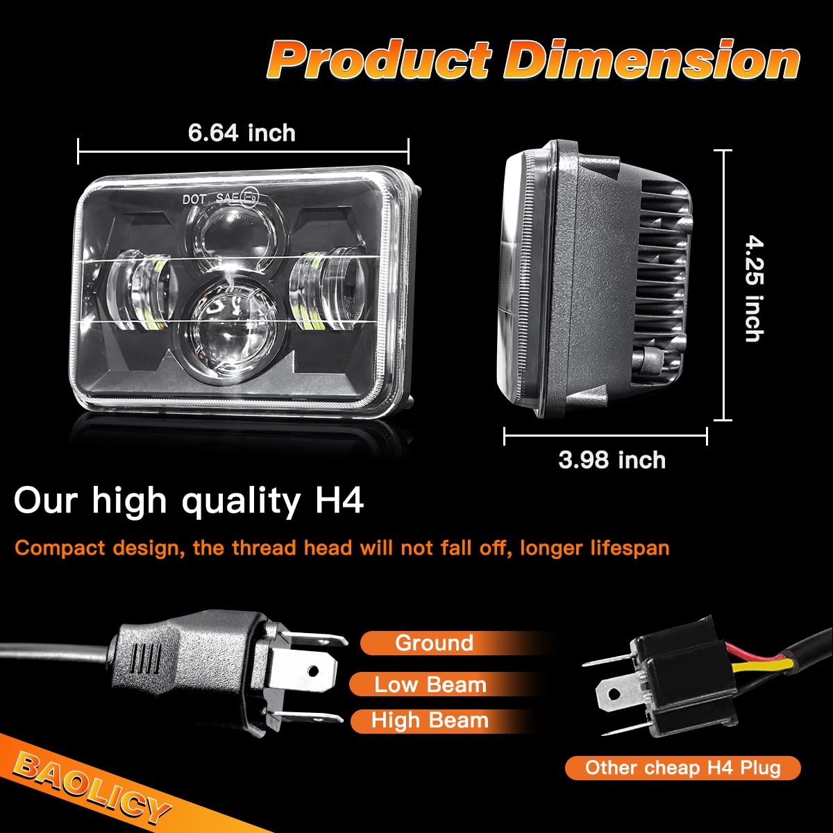 Baolicy 4X6 H6545 Led Headlights Dot Approved 4Pcs White Hi/Low Sealed Beam Rectangle H4668 H4656 H6545 Headlights For Chevrolet