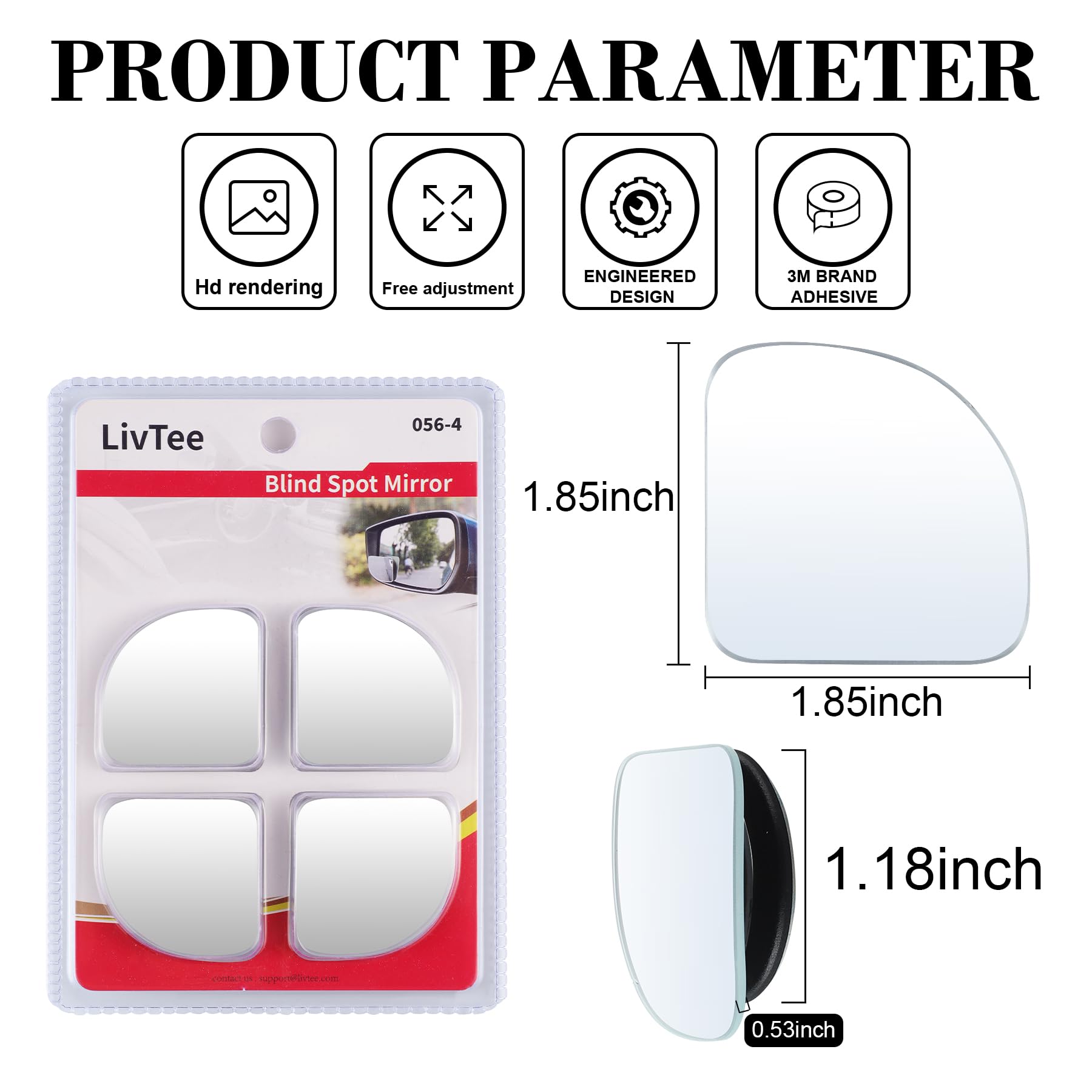 Livtee Blind Spot Mirror, Fan Hd Glass Frameless Convex Rear View Mirror With Wide Angle Adjustable Stick For Cars Suv And Truck