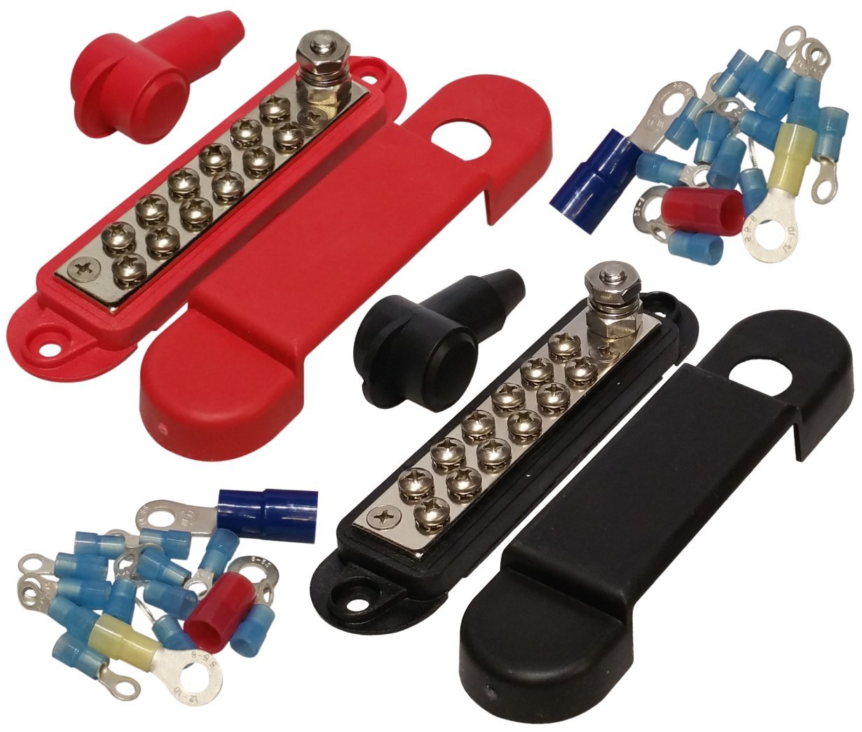 Jquad(Pair - Red & Black) 12 Terminal Distribution Block -Busbars- With Ring Terminals