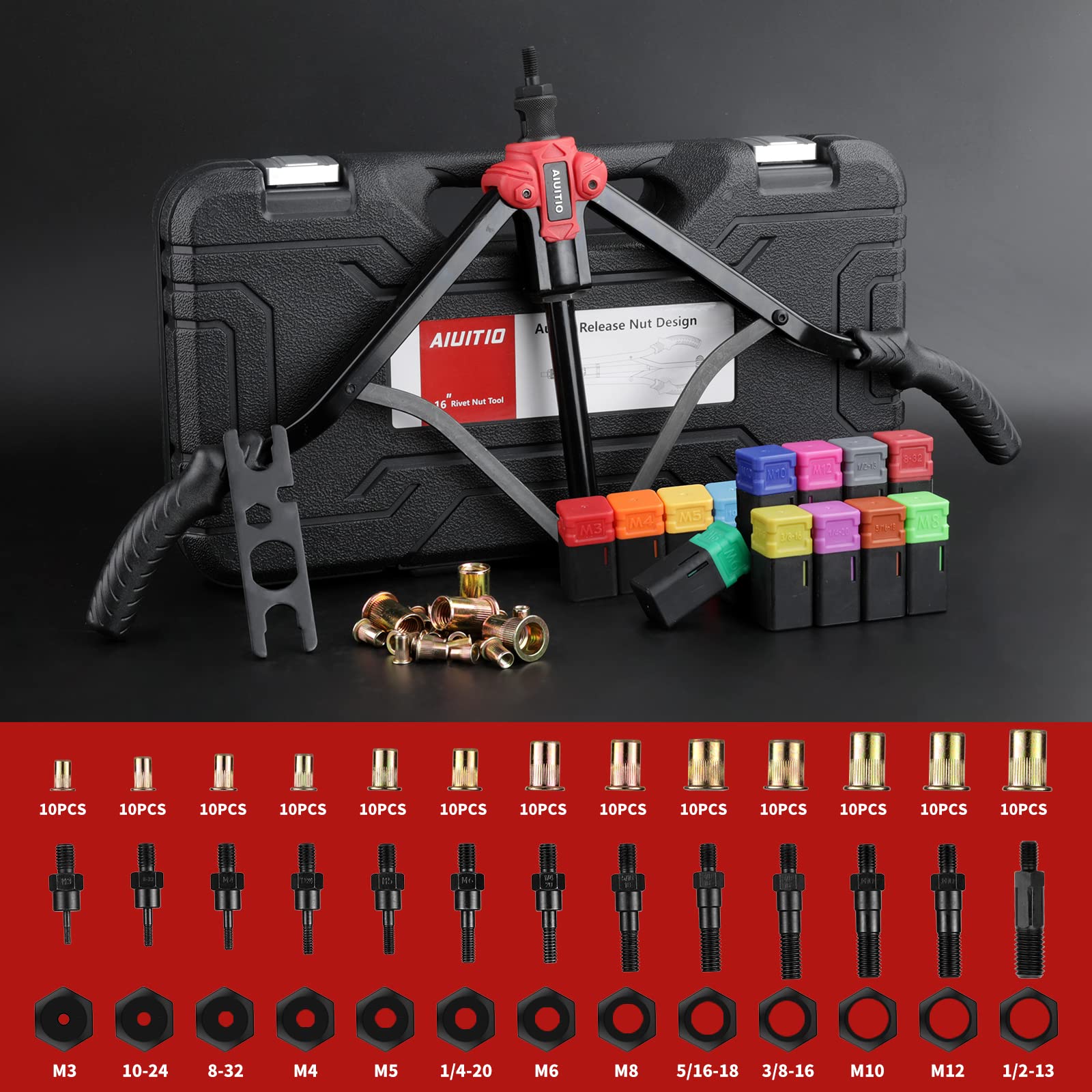 Aiuitio 16'' Rivet Nut Tool, Auto Release Nut Rivnut Tool Kit With 13 Metric And Sae Mandrels, Nutsert Rivet Tool Set With 130Pcs Rivnuts,Sturdy Plastic Case - 90% Time And Effort Saving