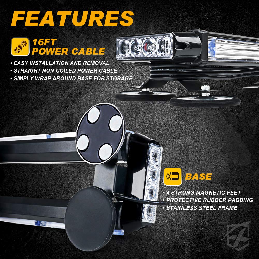 Xprite Blue Cob Led Strobe Rooftop Flashing Light Bar W/Magnetic Base Double Side Hazard Warning Beacon Police Lights For Emerge
