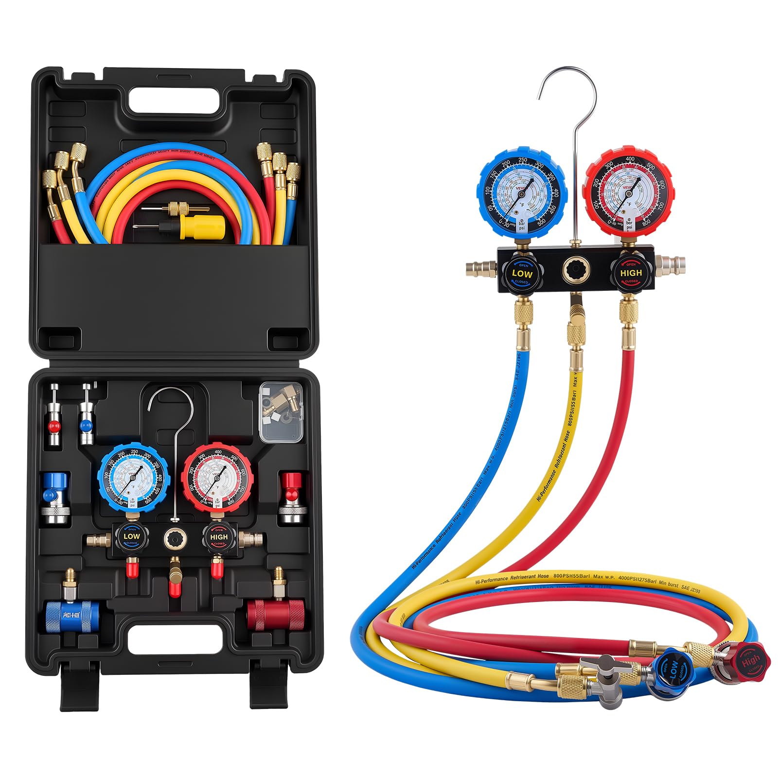 VEVOR AC Manifold Gauge Set for R134a R404A R1234yf R22 Refrigerant, 3 Way AC Gauge with 5 ft Hoses, Adapters, Quick Couplers, C