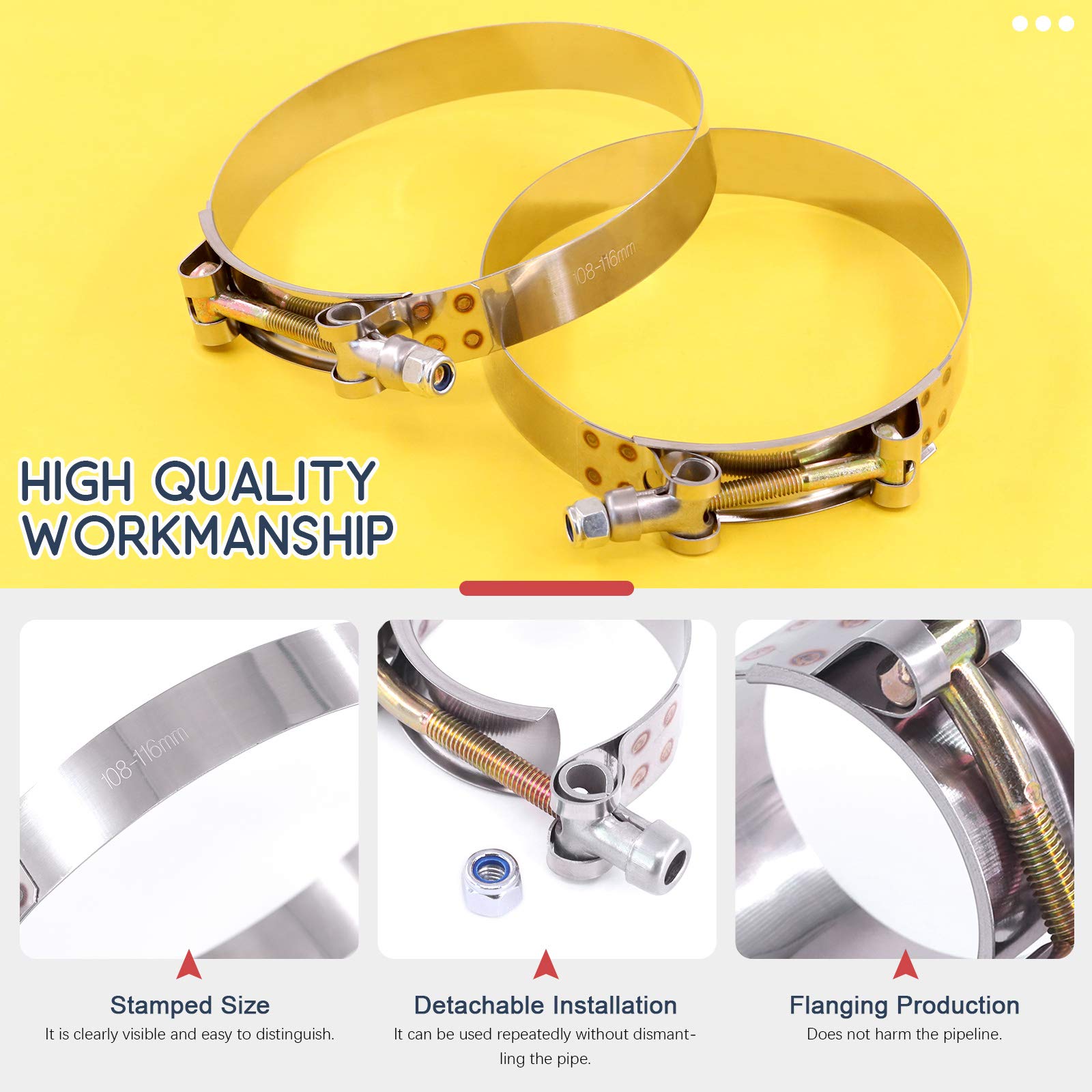 Hilitchi 5Pcs Stainless Steel T-Bolt Clamps With Rounded Band Edges Heavy Duty Turbo Intake Intercooler Clamp (108-116Mm) For 4Inch