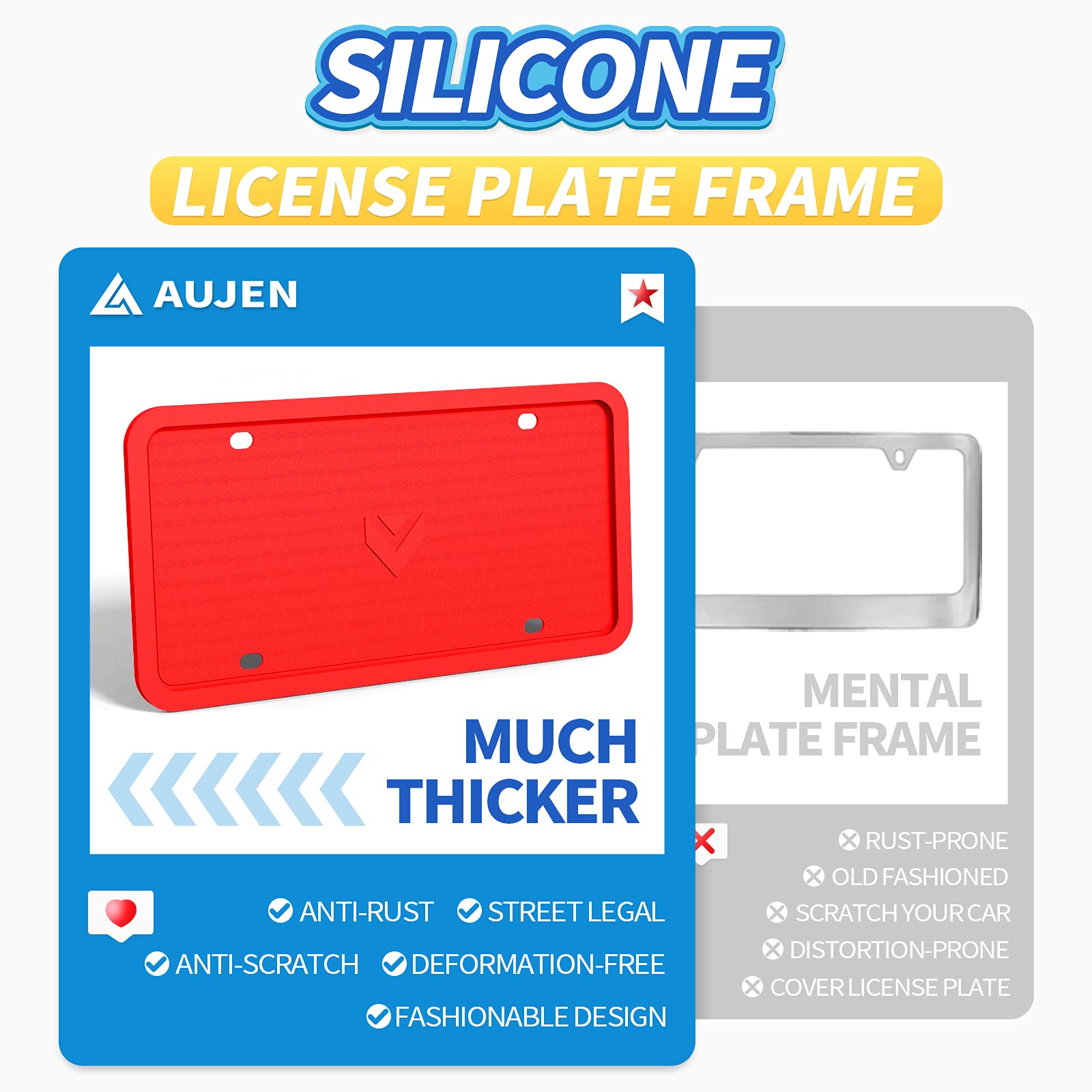 Aujen Silicone License Plate Frames 2 Pcs For Us Standard Car, Rattle-Proof And Easy Installation License Plate Holder (Black)