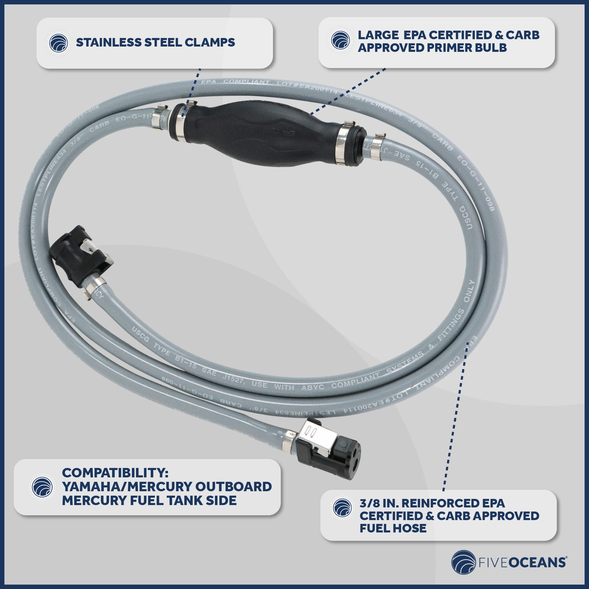 Five Oceans Boat Fuel Line - 3/8-Inch Marine Outboard Fuel Line For Yamaha Mercury, Leakproof, 6-Foot Long, Reinforced Epa/Carb, Replaces Part 22-13563Q7, 22-13563A7, 22-13563A6, 22-13563T7 - Fo4285