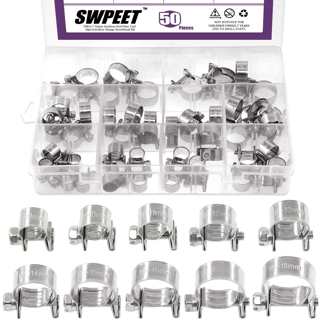 Swpeet 50Pcs 10 Sizes 304 Stainless Steel Mini Fuel Injection Line Style Hose Clamp Assortment Kit Perfect For Automotive, Agric