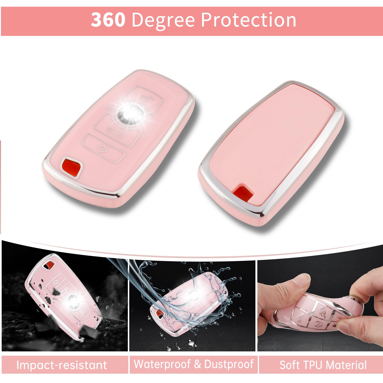 Pangpai Pink Cute Car Accessories 3 Pcs For Bmw 2 5 6 7 X1 X2 X3 X5 X6 Series Key Fob Cover With Bling Keychain Push To Start Bu