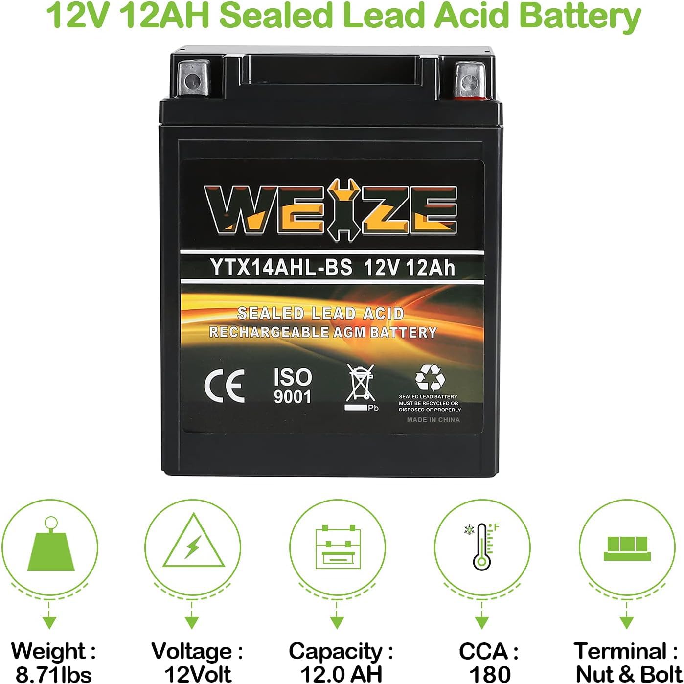 Weize Ytx14Ahl-Bs High Performance - Rechargeable - Sealed Motorcycle Battery Compatible With Polaris Scrambler, Sportsman 90, H