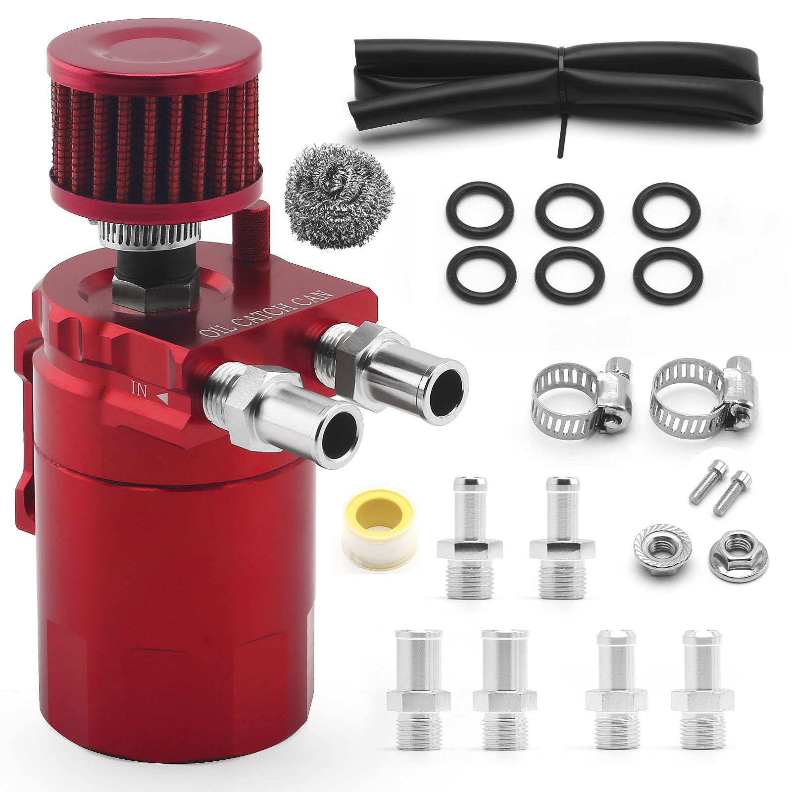 Muge Racing Universal Oil Catch Can Tank Kit Polish Baffled Reservoir With Breather Filter With 3/8'' Fuel Line, Aluminum, Red,