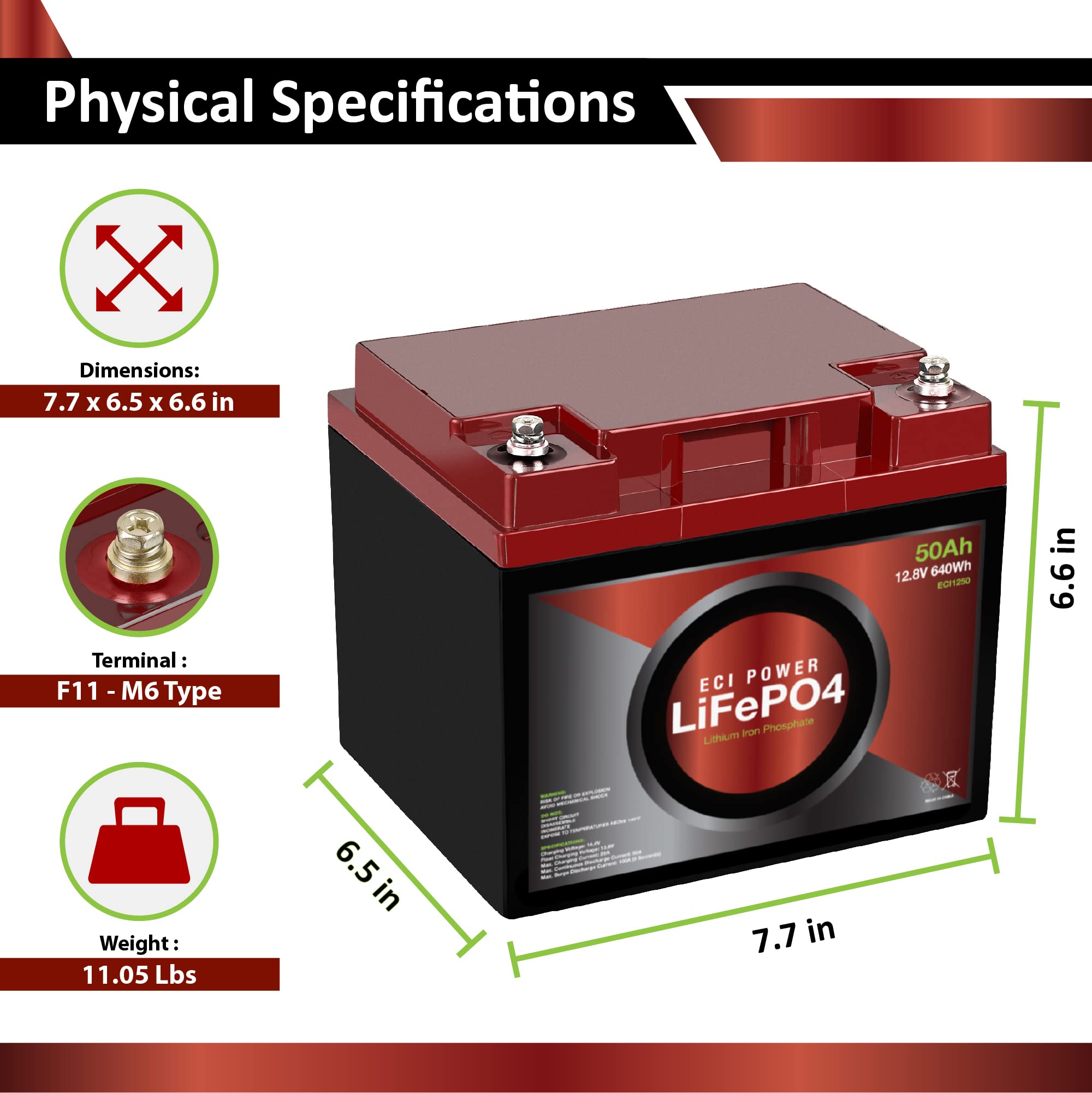 Eci Power 12V 50Ah Lithium Lifepo4 Deep Cycle Rechargeable Battery | 2000-5000 Life Cycles & 10-Year Lifetime | Built-In Bms | Perfect For Rv, Solar, Marine, Overland, Off-Grid Applications