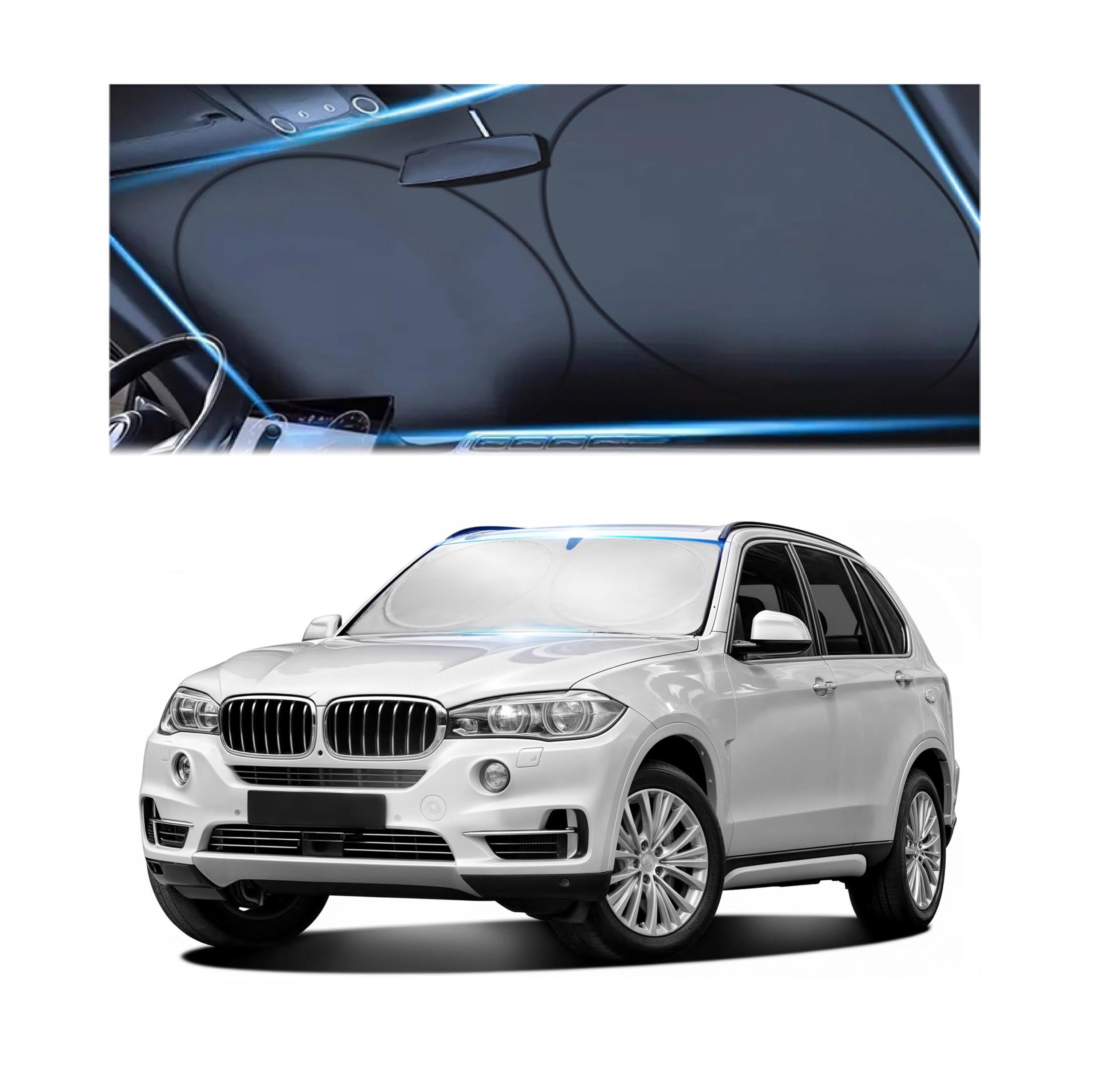 Autopect Windshield Sun Shade, Foldable Sun Blocker For Car, Truck, Suv Automotive Interior Sun Protection, Reflective Shade For Front Windshield With Mirror Cut-Out Keeps Car Cool (Medium)
