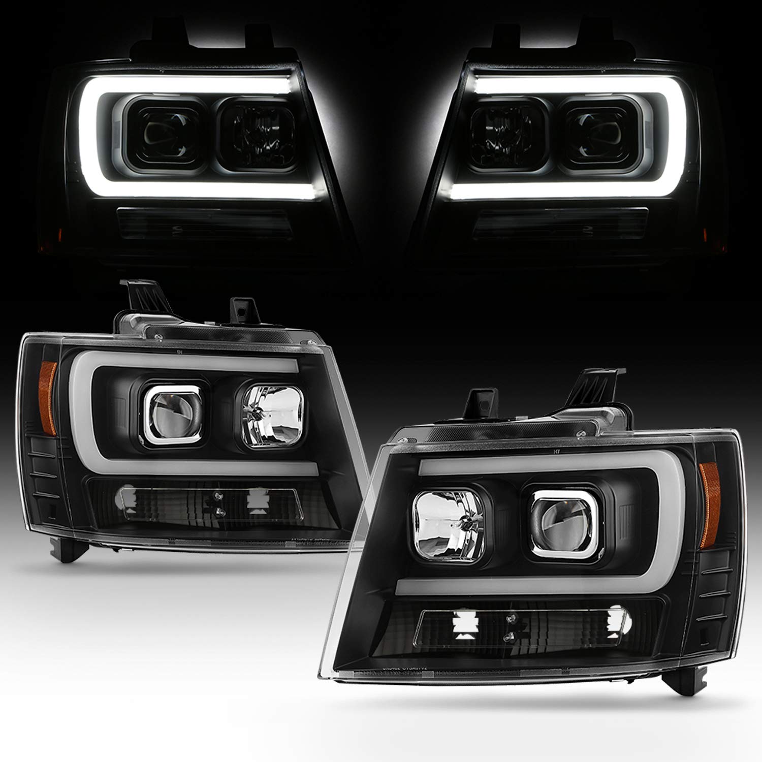 Akkon - Fits 2007-14 Chevy Tahoe Suburban 1500/2500 07-13 Avalanche Projector Led [C-Tube Bar] Black Headlights Pair Left+Right